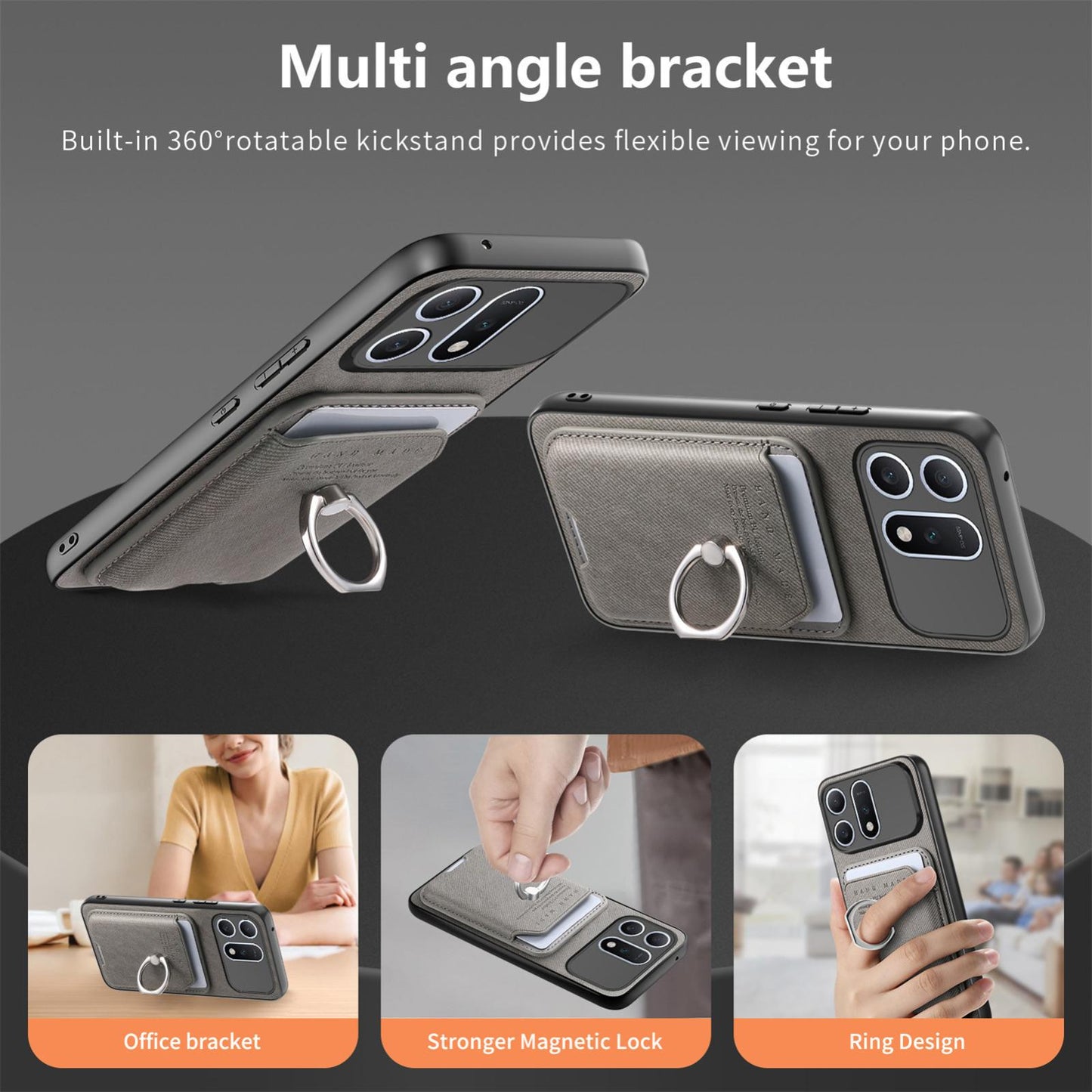 For Honor Win Turbo 5G Twill Fabric Card Bag Ring Magnetic Back Phone Case(Gray)
