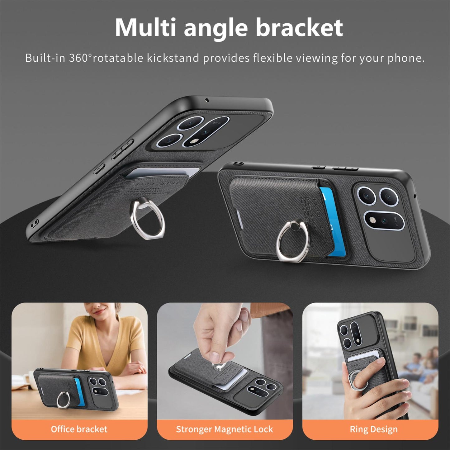 For Honor Win Turbo 5G Twill Fabric Card Bag Ring Magnetic Back Phone Case(Black)