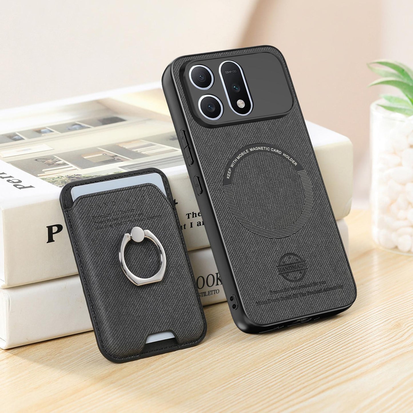 For Honor Win Turbo 5G Twill Fabric Card Bag Ring Magnetic Back Phone Case(Black)