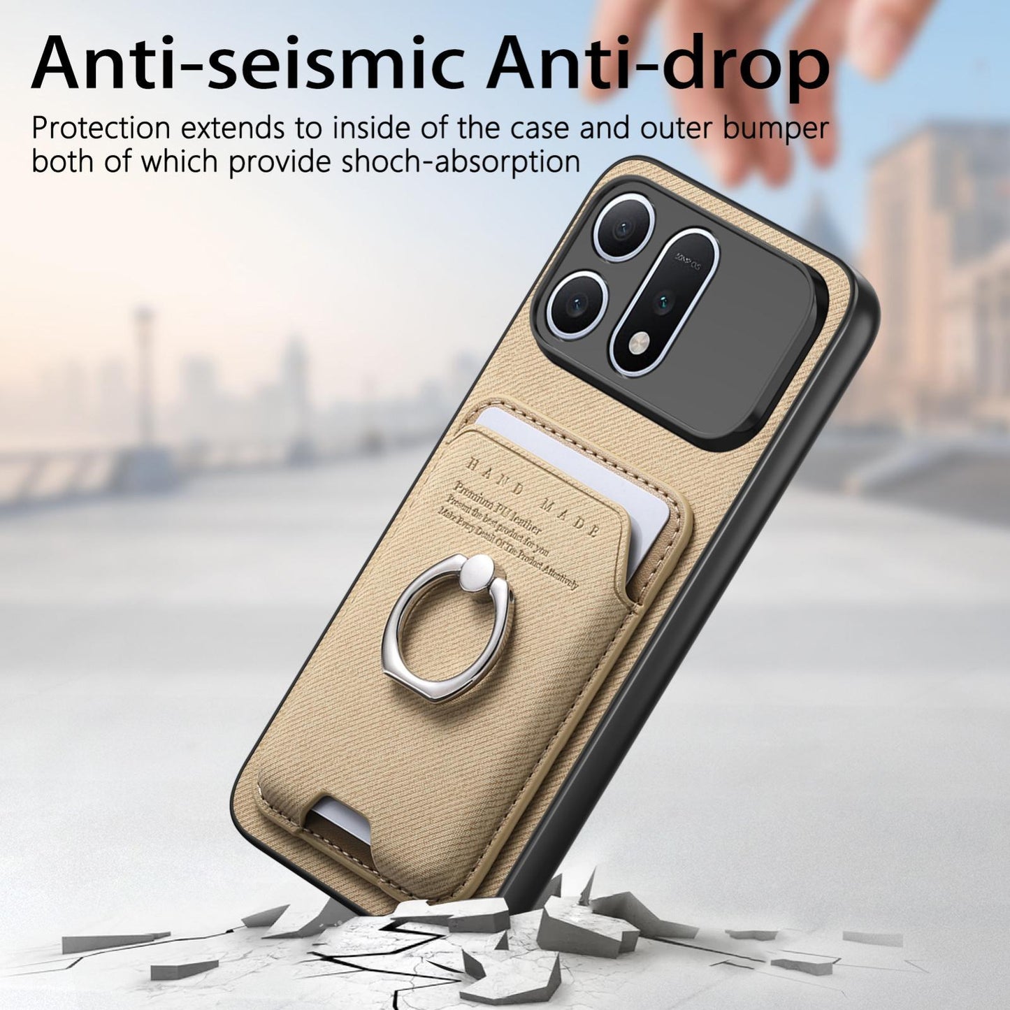 For Honor Win Turbo 5G Twill Fabric Card Bag Ring Magnetic Back Phone Case(Khaki)