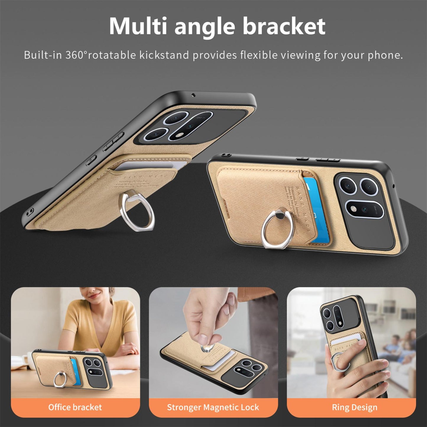 For Honor Win Turbo 5G Twill Fabric Card Bag Ring Magnetic Back Phone Case(Khaki)