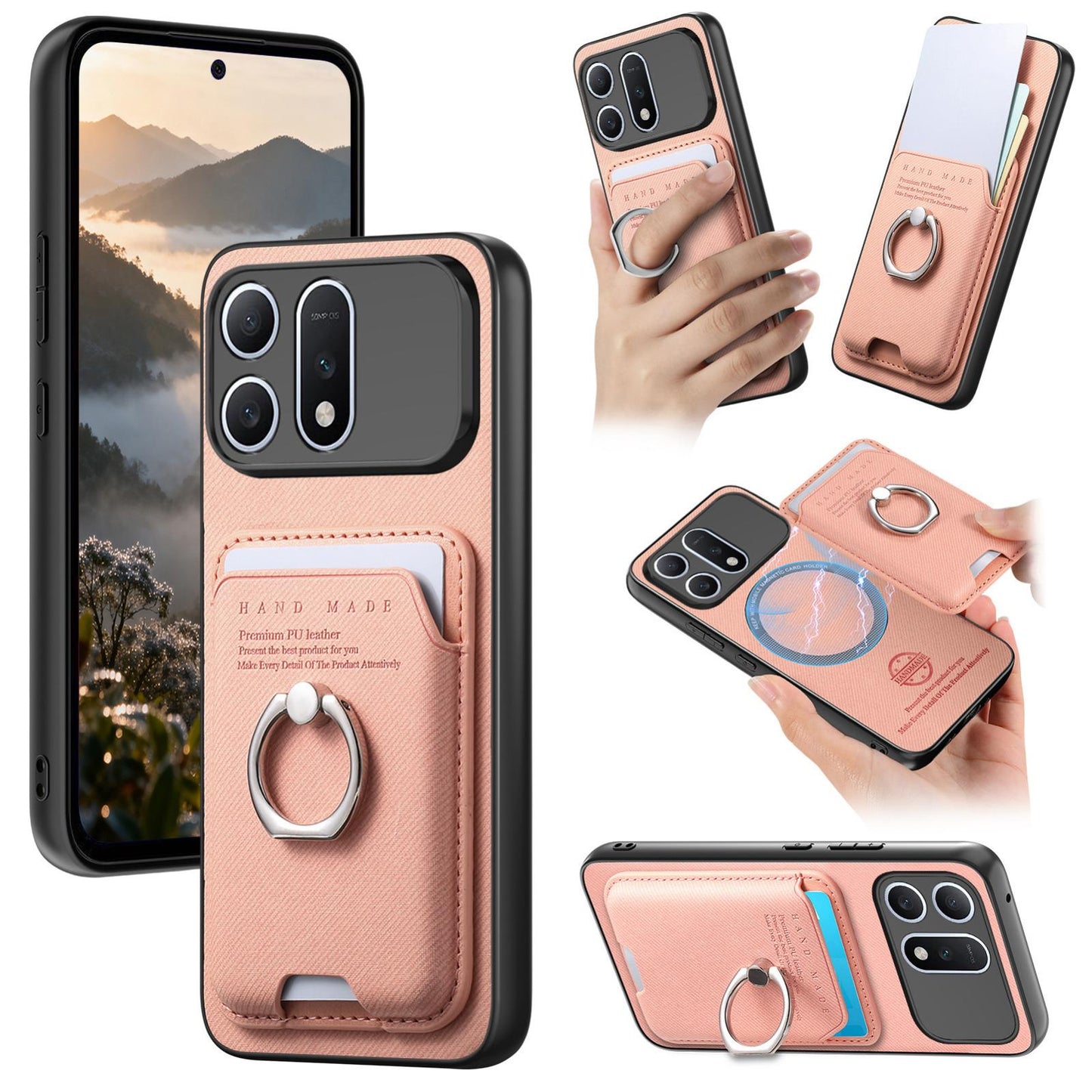 For Honor Win Turbo 5G Twill Fabric Card Bag Ring Magnetic Back Phone Case(Pink)
