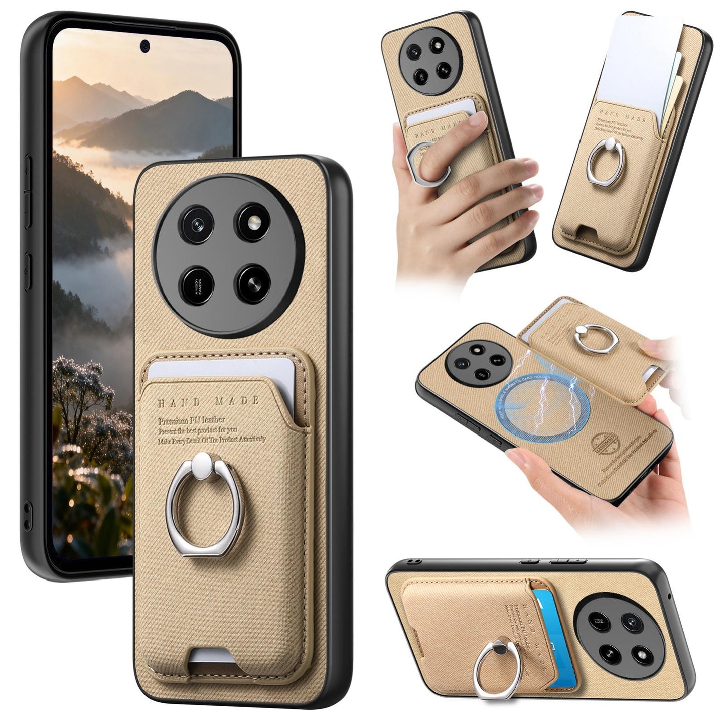 For Honor X80 Pro Max 5G Twill Fabric Card Bag Ring Magnetic Back Phone Case(Khaki)
