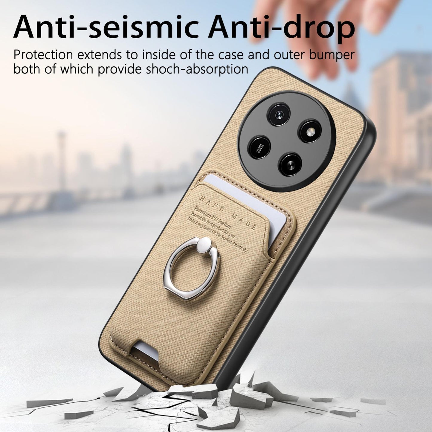 For Honor X80 Pro Max 5G Twill Fabric Card Bag Ring Magnetic Back Phone Case(Khaki)