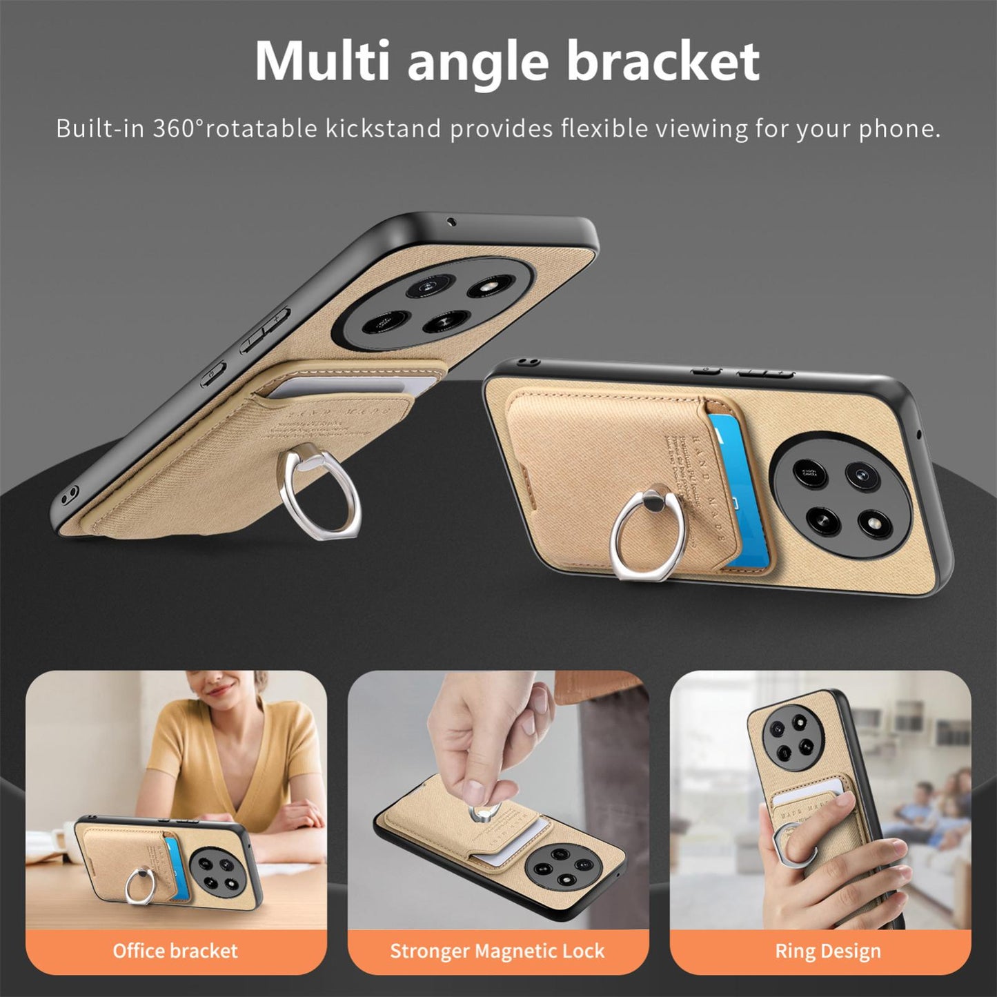 For Honor X80 Pro Max 5G Twill Fabric Card Bag Ring Magnetic Back Phone Case(Khaki)