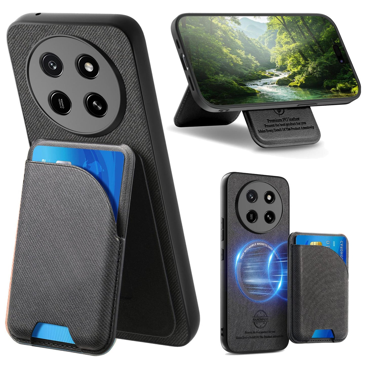 For Honor X80 Pro Max 5G Twill Fabric Leather-Skin Card Bag Magnetic Back Phone Case(Black)