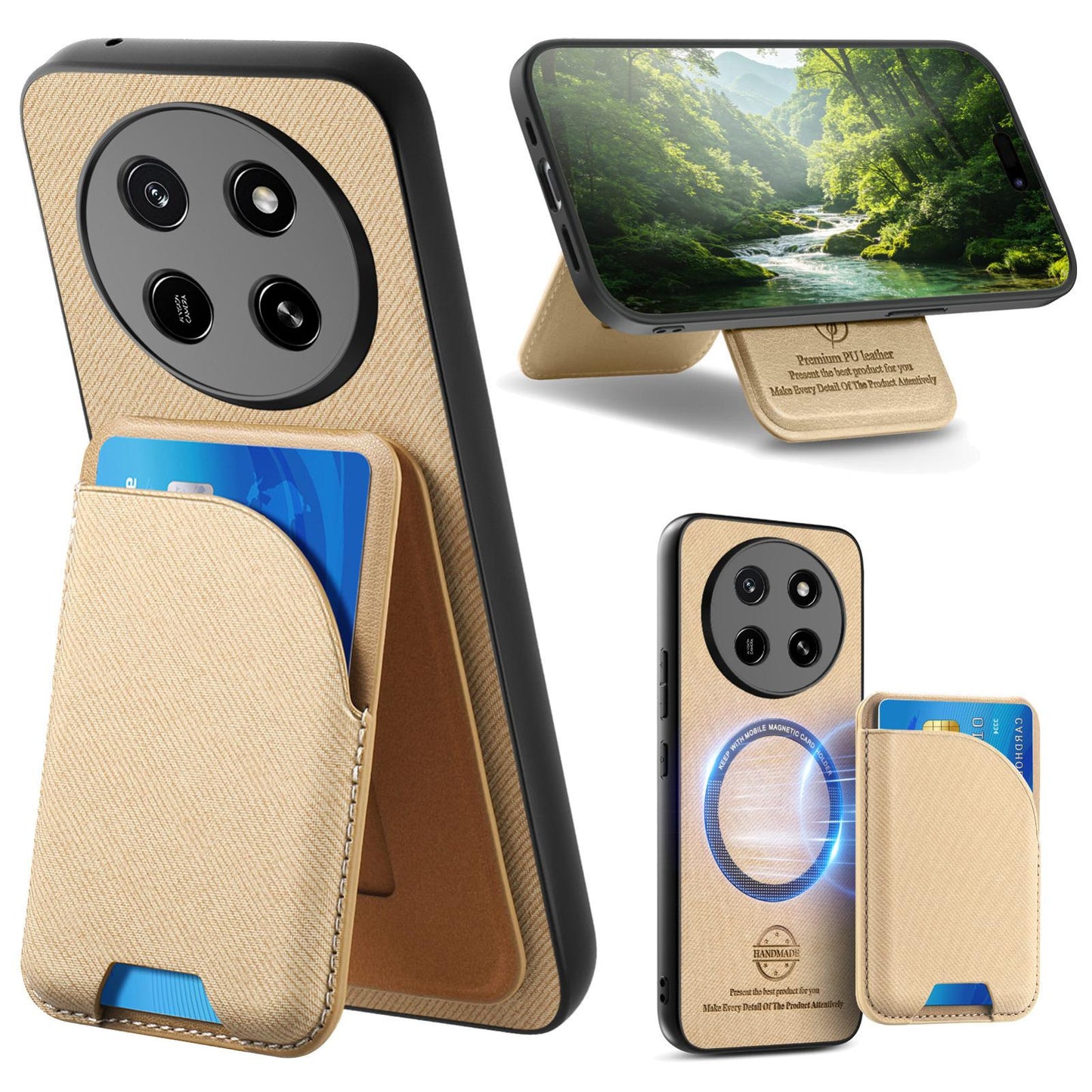 For Honor X80 Pro Max 5G Twill Fabric Leather-Skin Card Bag Magnetic Back Phone Case(Khaki)