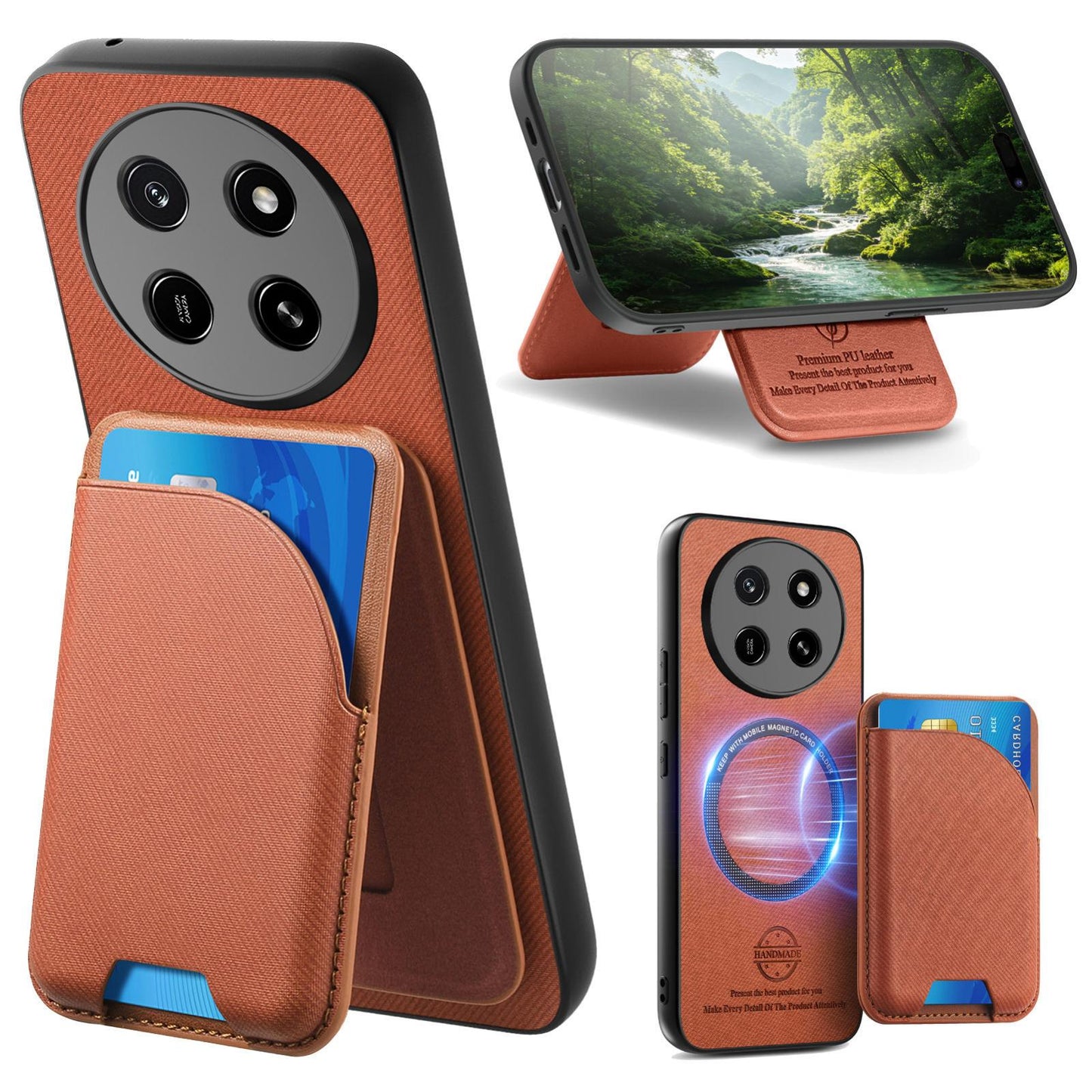 For Honor X80 Pro Max 5G Twill Fabric Leather-Skin Card Bag Magnetic Back Phone Case(Brown)