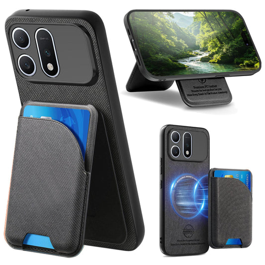 For Honor Win Turbo 5G Twill Fabric Leather-Skin Card Bag Magnetic Back Phone Case(Black)