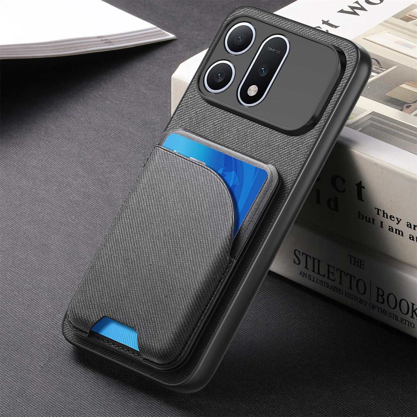 For Honor Win Turbo 5G Twill Fabric Leather-Skin Card Bag Magnetic Back Phone Case(Black)