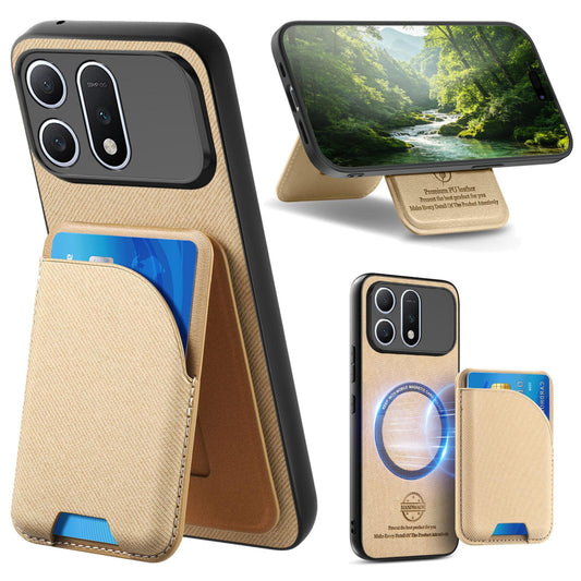 For Honor Win Turbo 5G Twill Fabric Leather-Skin Card Bag Magnetic Back Phone Case(Khaki)