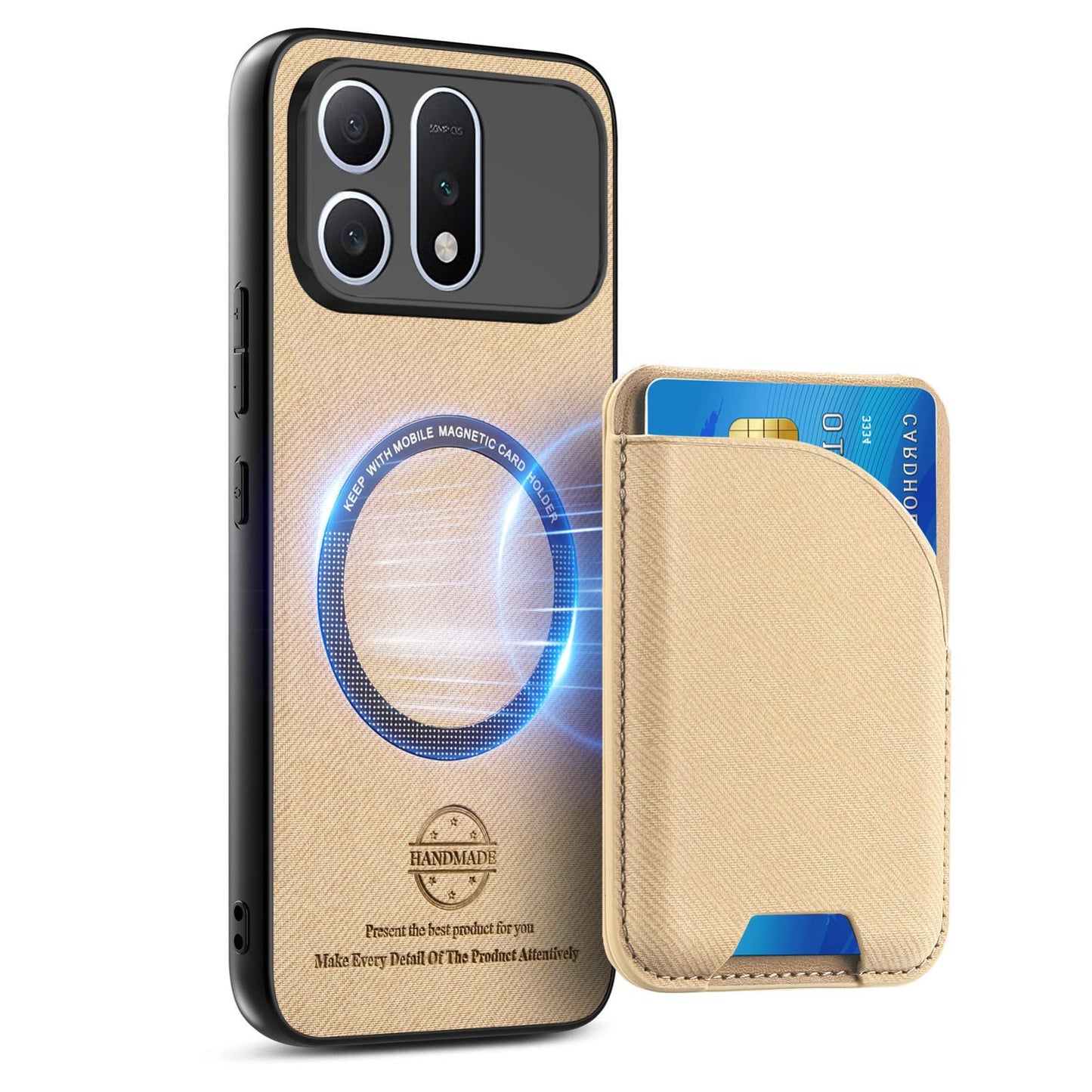 For Honor Win Turbo 5G Twill Fabric Leather-Skin Card Bag Magnetic Back Phone Case(Khaki)