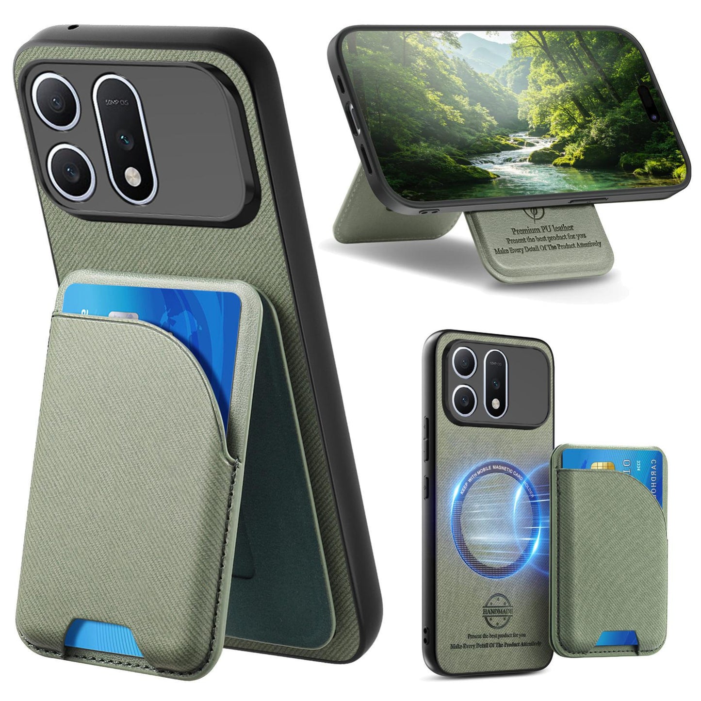 For Honor Win Turbo 5G Twill Fabric Leather-Skin Card Bag Magnetic Back Phone Case(Green)