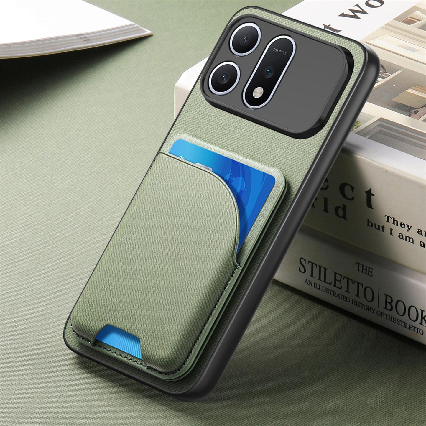 For Honor Win Turbo 5G Twill Fabric Leather-Skin Card Bag Magnetic Back Phone Case(Green)