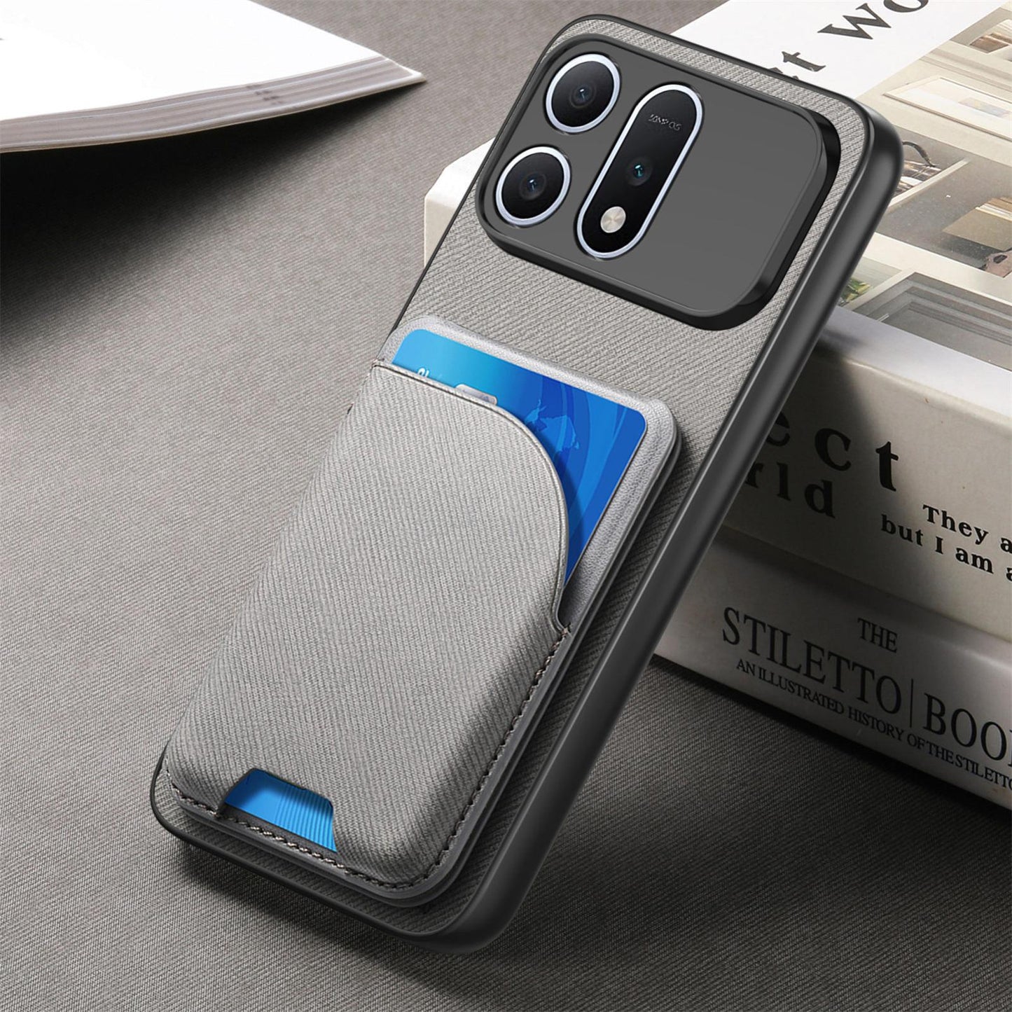 For Honor Win Turbo 5G Twill Fabric Leather-Skin Card Bag Magnetic Back Phone Case(Gray)