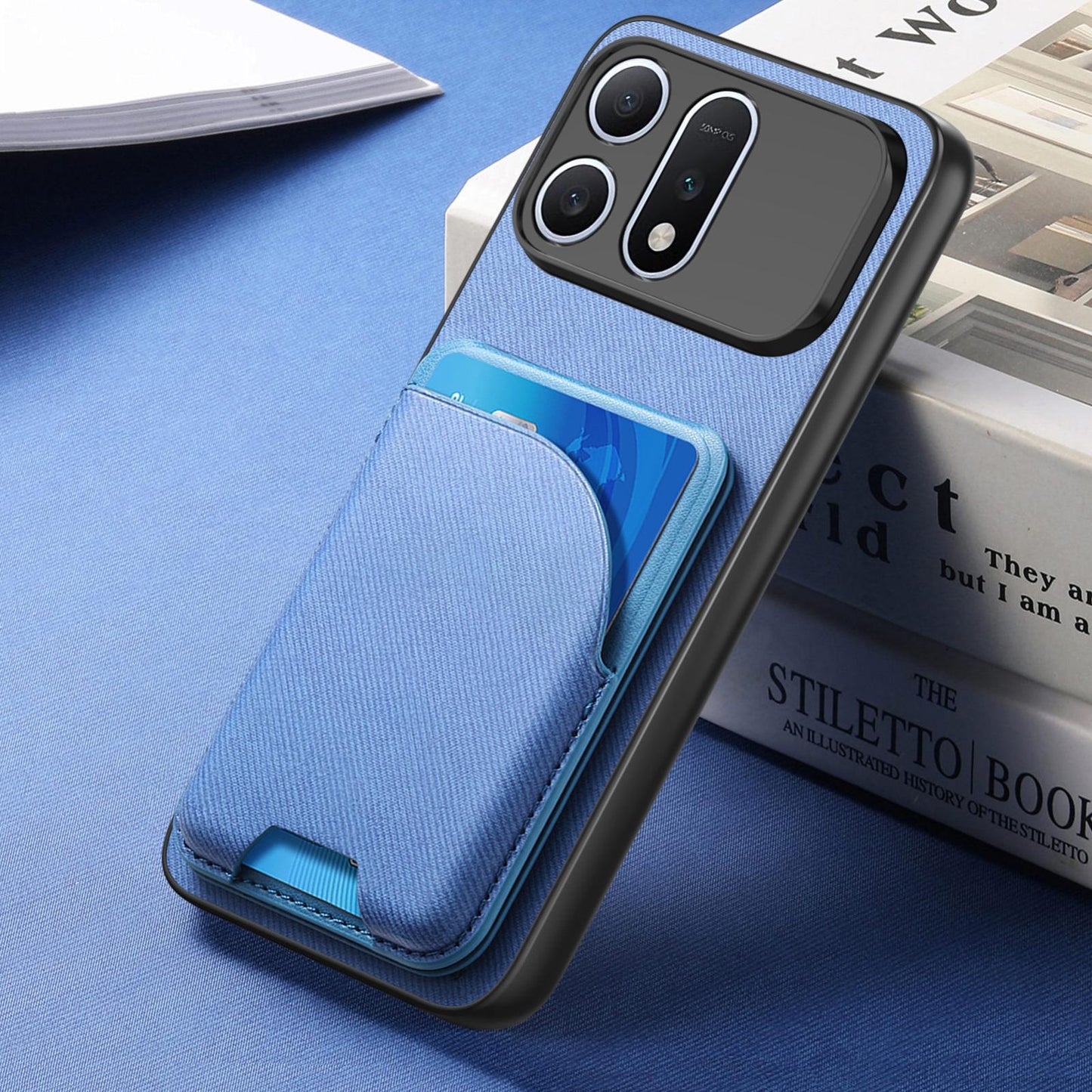 For Honor Win Turbo 5G Twill Fabric Leather-Skin Card Bag Magnetic Back Phone Case(Blue)