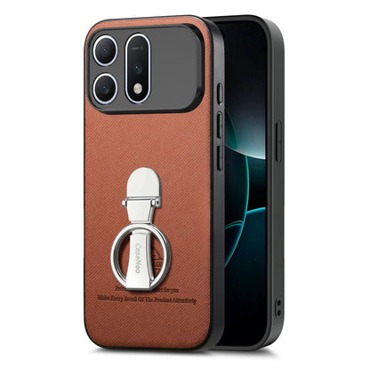 For Honor Win Turbo 5G Twill Fabric Leather-Skin Fold Ring Holder Back Phone Case(Brown)