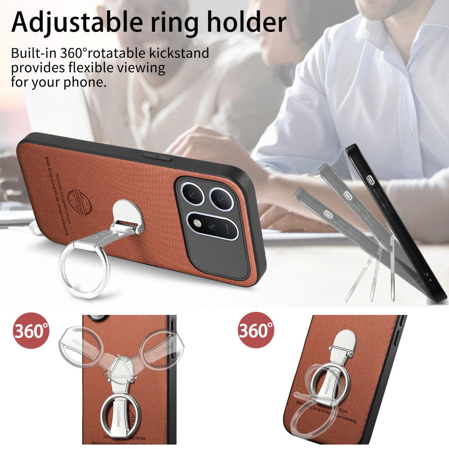 For Honor Win Turbo 5G Twill Fabric Leather-Skin Fold Ring Holder Back Phone Case(Brown)