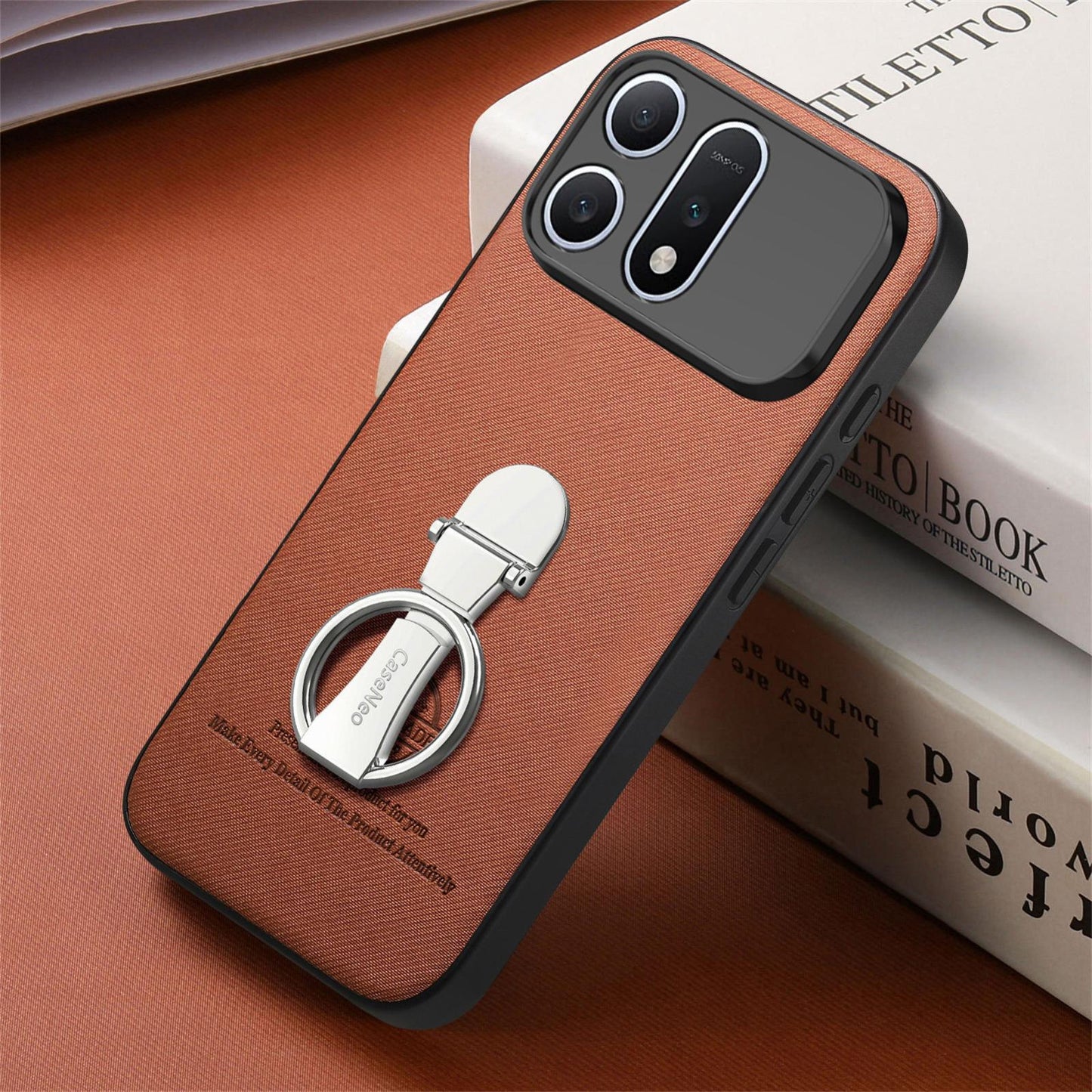 For Honor Win Turbo 5G Twill Fabric Leather-Skin Fold Ring Holder Back Phone Case(Brown)