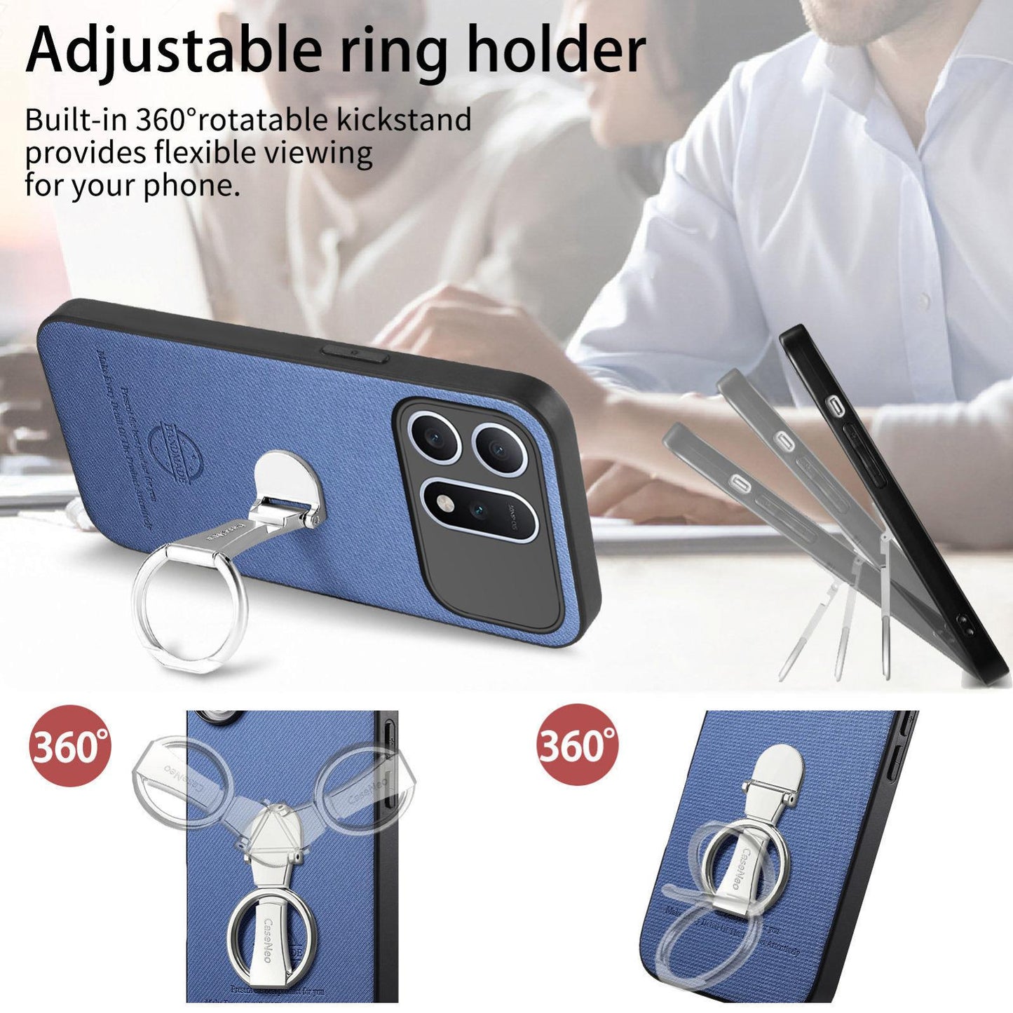 For Honor Win Turbo 5G Twill Fabric Leather-Skin Fold Ring Holder Back Phone Case(Blue)