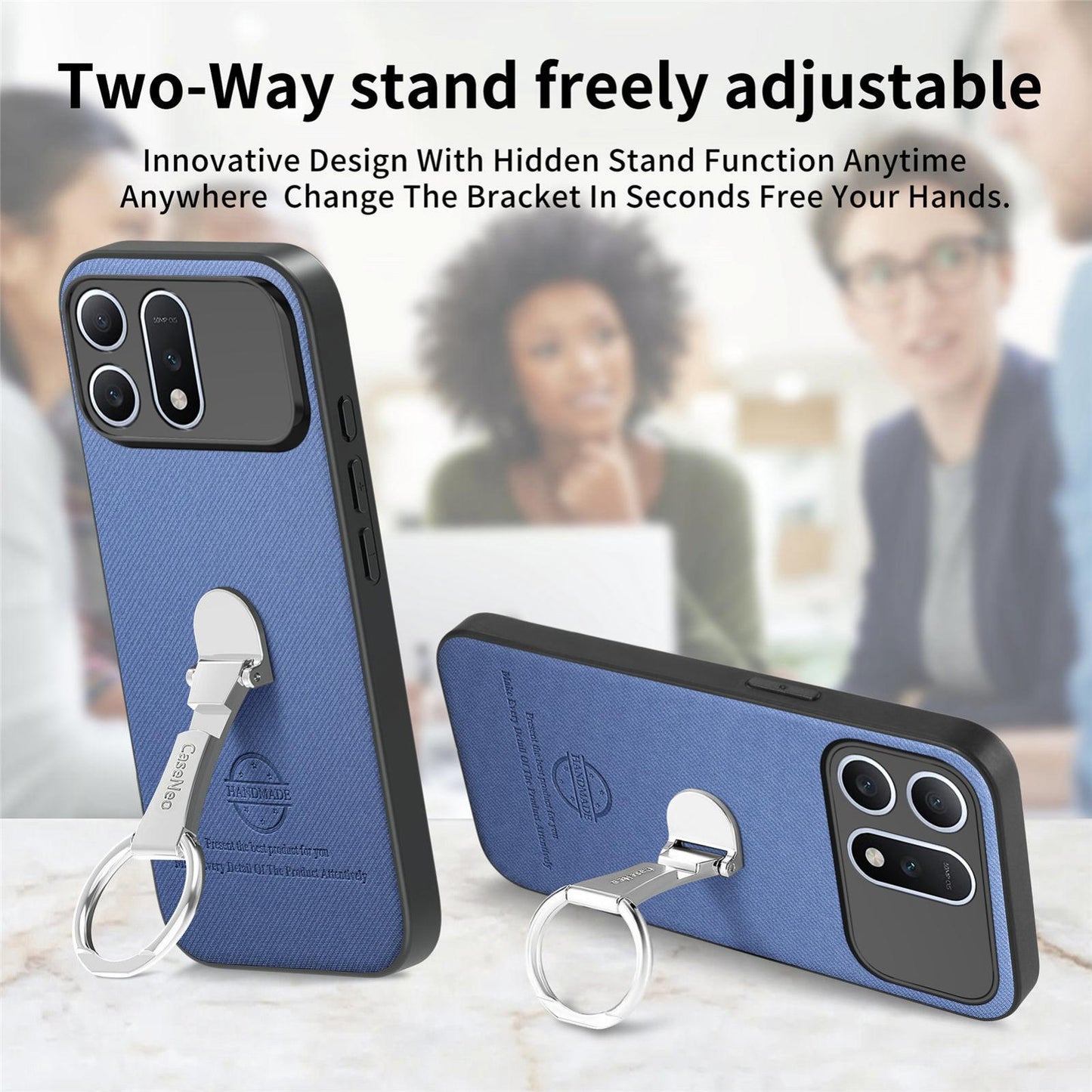 For Honor Win Turbo 5G Twill Fabric Leather-Skin Fold Ring Holder Back Phone Case(Blue)