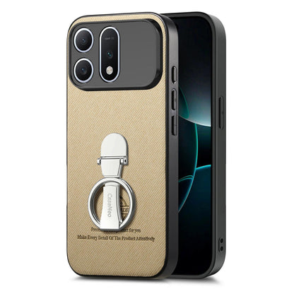 For Honor Win Turbo 5G Twill Fabric Leather-Skin Fold Ring Holder Back Phone Case(Khaki)