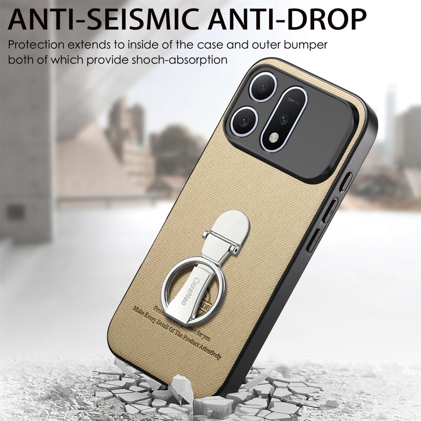 For Honor Win Turbo 5G Twill Fabric Leather-Skin Fold Ring Holder Back Phone Case(Khaki)