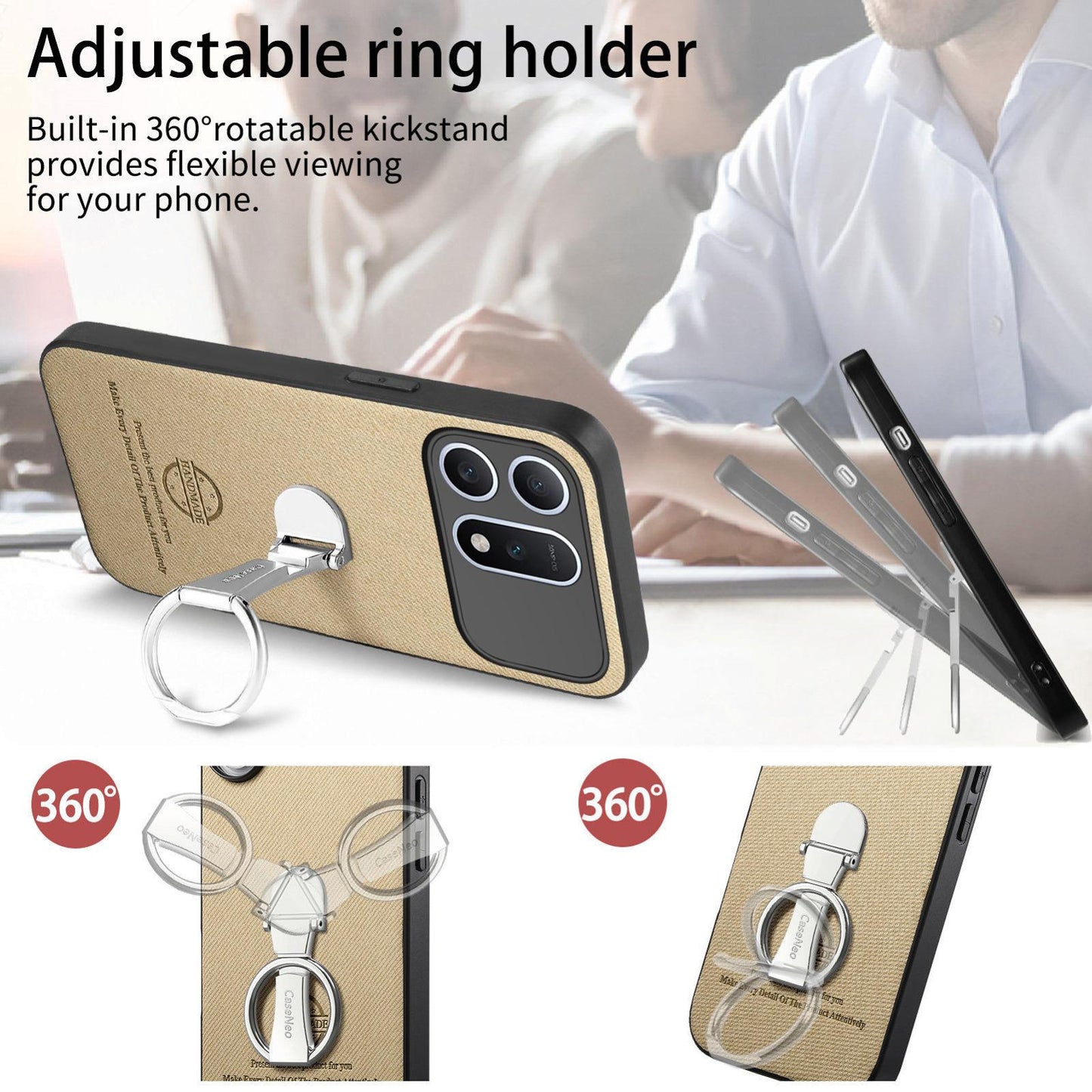 For Honor Win Turbo 5G Twill Fabric Leather-Skin Fold Ring Holder Back Phone Case(Khaki)