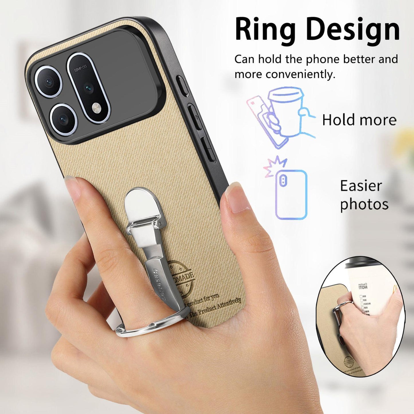 For Honor Win Turbo 5G Twill Fabric Leather-Skin Fold Ring Holder Back Phone Case(Khaki)