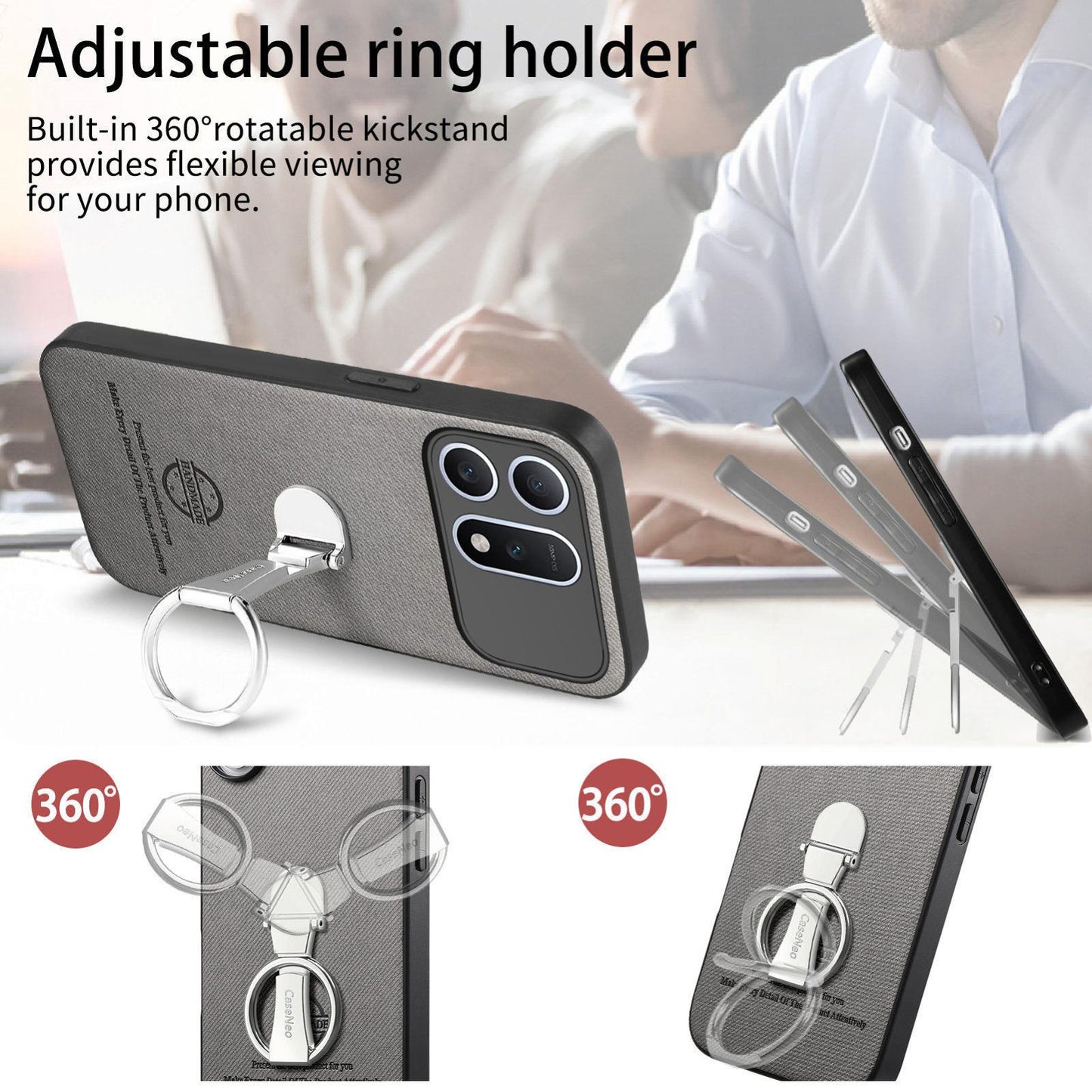 For Honor Win Turbo 5G Twill Fabric Leather-Skin Fold Ring Holder Back Phone Case(Gray)