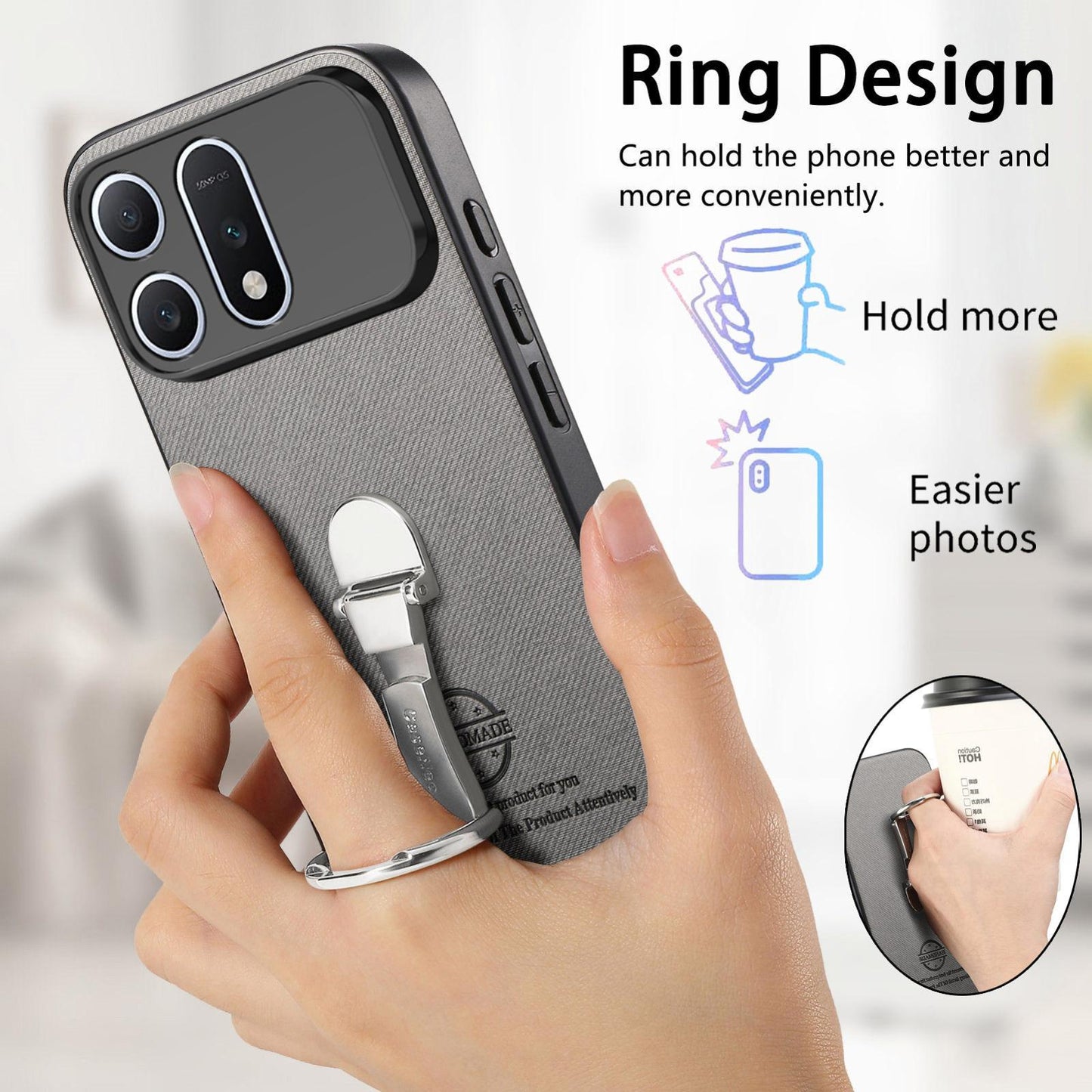 For Honor Win Turbo 5G Twill Fabric Leather-Skin Fold Ring Holder Back Phone Case(Gray)