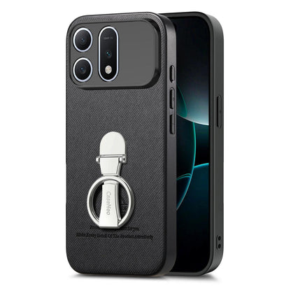 For Honor Win Turbo 5G Twill Fabric Leather-Skin Fold Ring Holder Back Phone Case(Black)