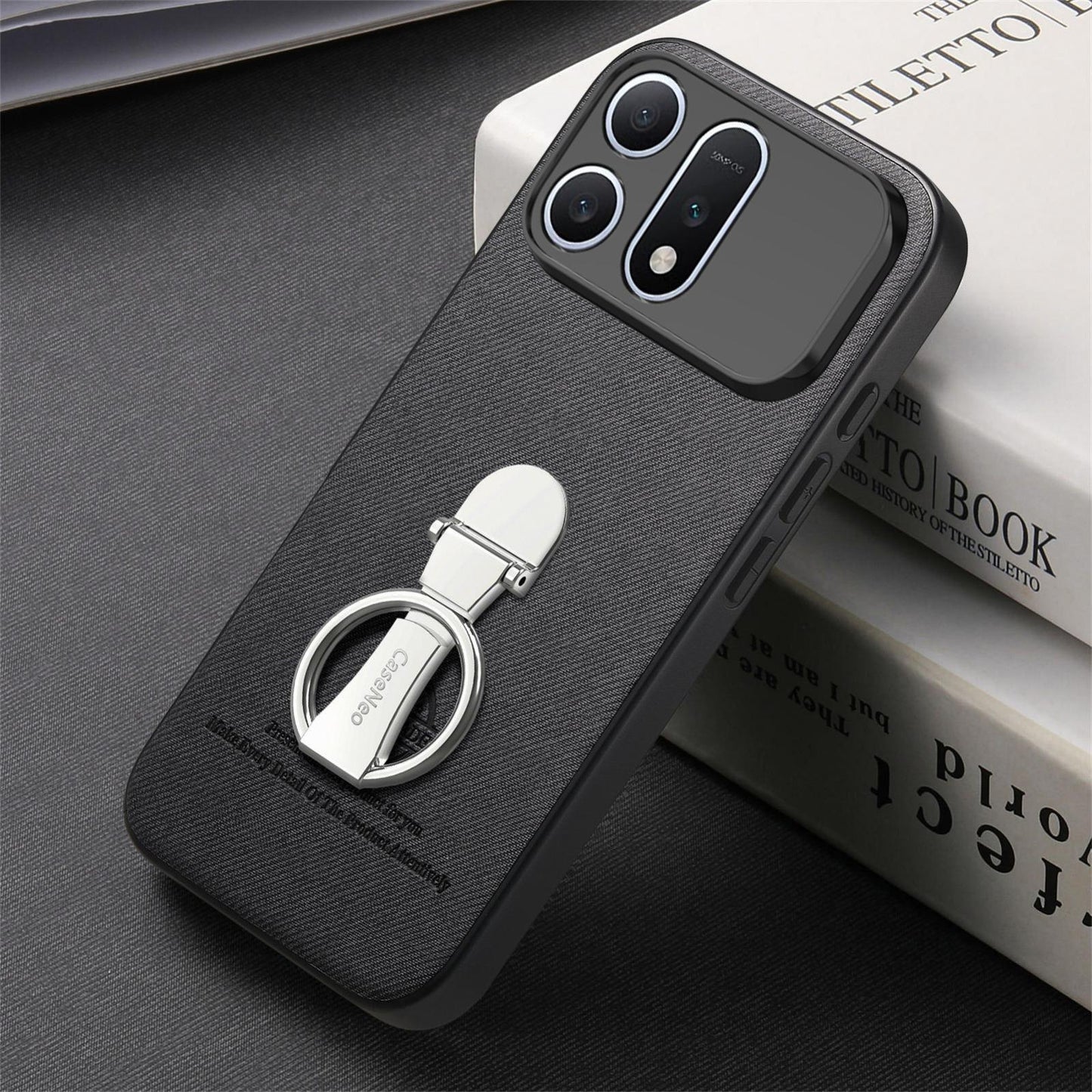 For Honor Win Turbo 5G Twill Fabric Leather-Skin Fold Ring Holder Back Phone Case(Black)