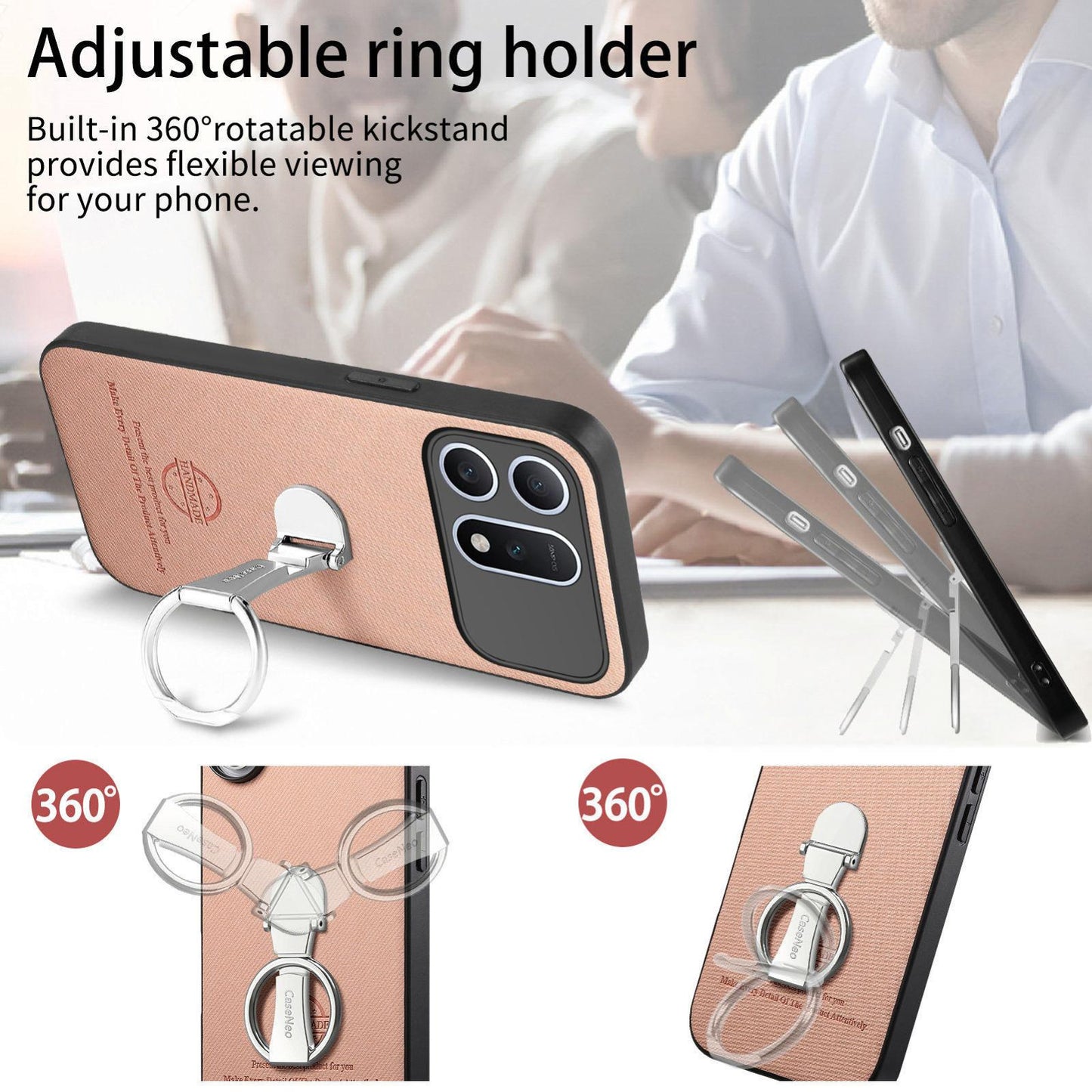 For Honor Win Turbo 5G Twill Fabric Leather-Skin Fold Ring Holder Back Phone Case(Pink)