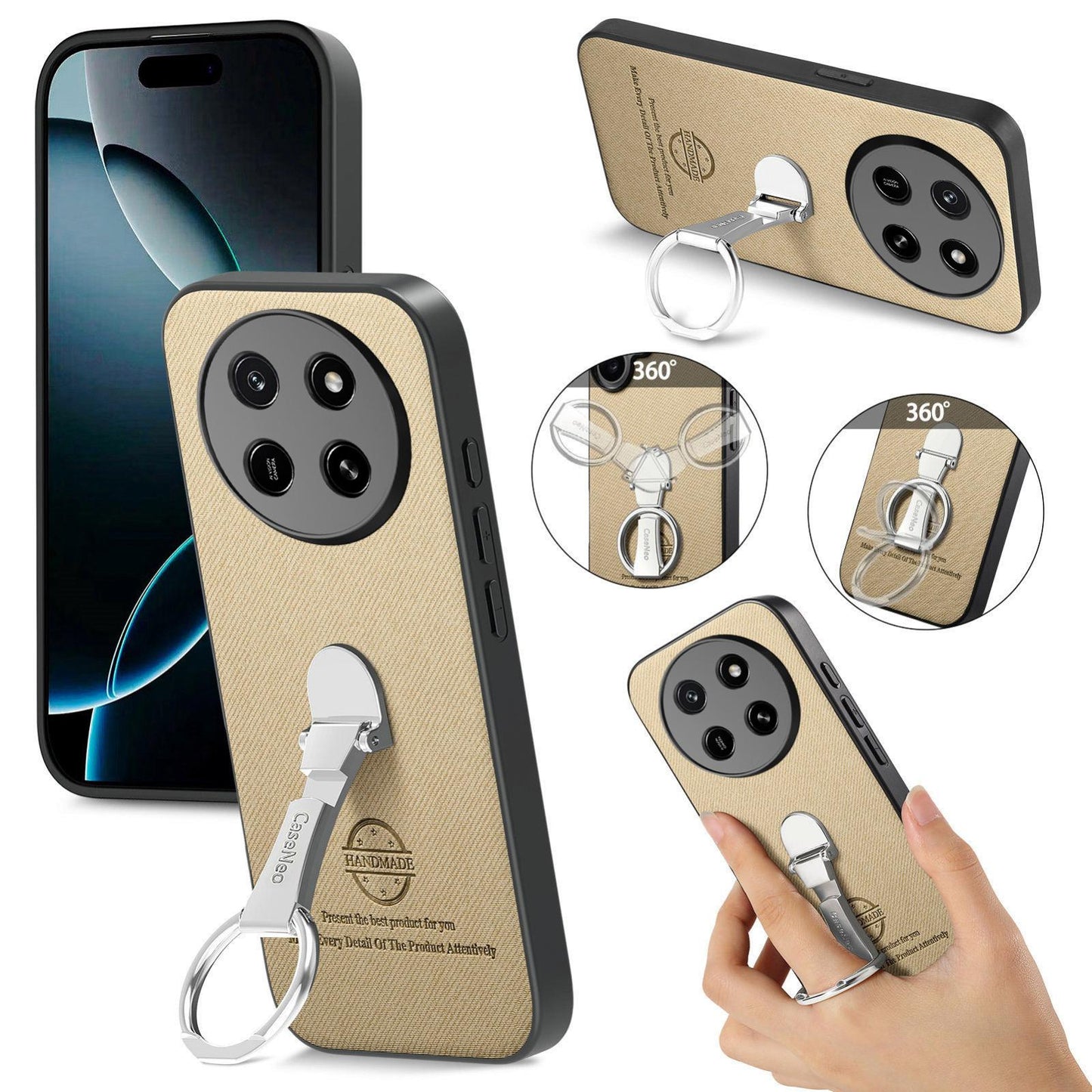 For Honor X80 Pro Max 5G Twill Fabric Leather-Skin Fold Ring Holder Back Phone Case(Khaki)