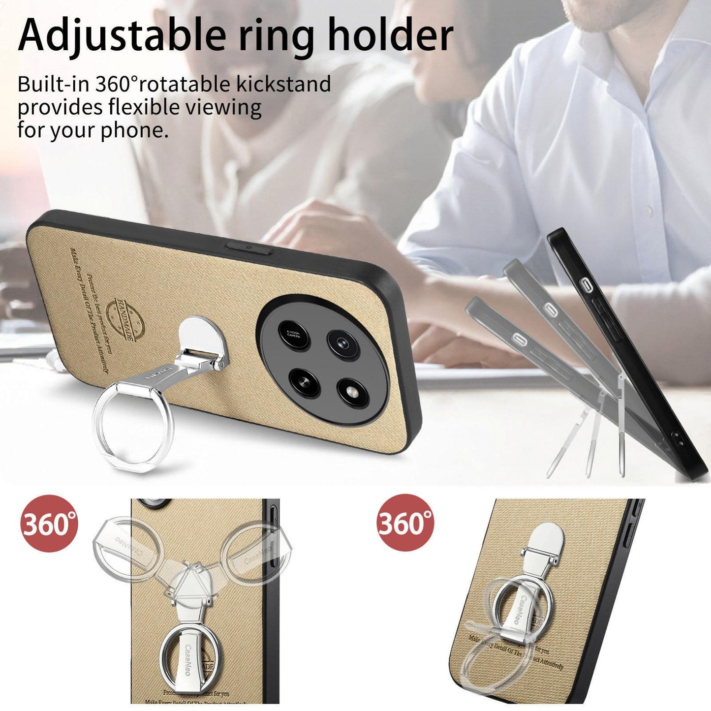 For Honor X80 Pro Max 5G Twill Fabric Leather-Skin Fold Ring Holder Back Phone Case(Khaki)