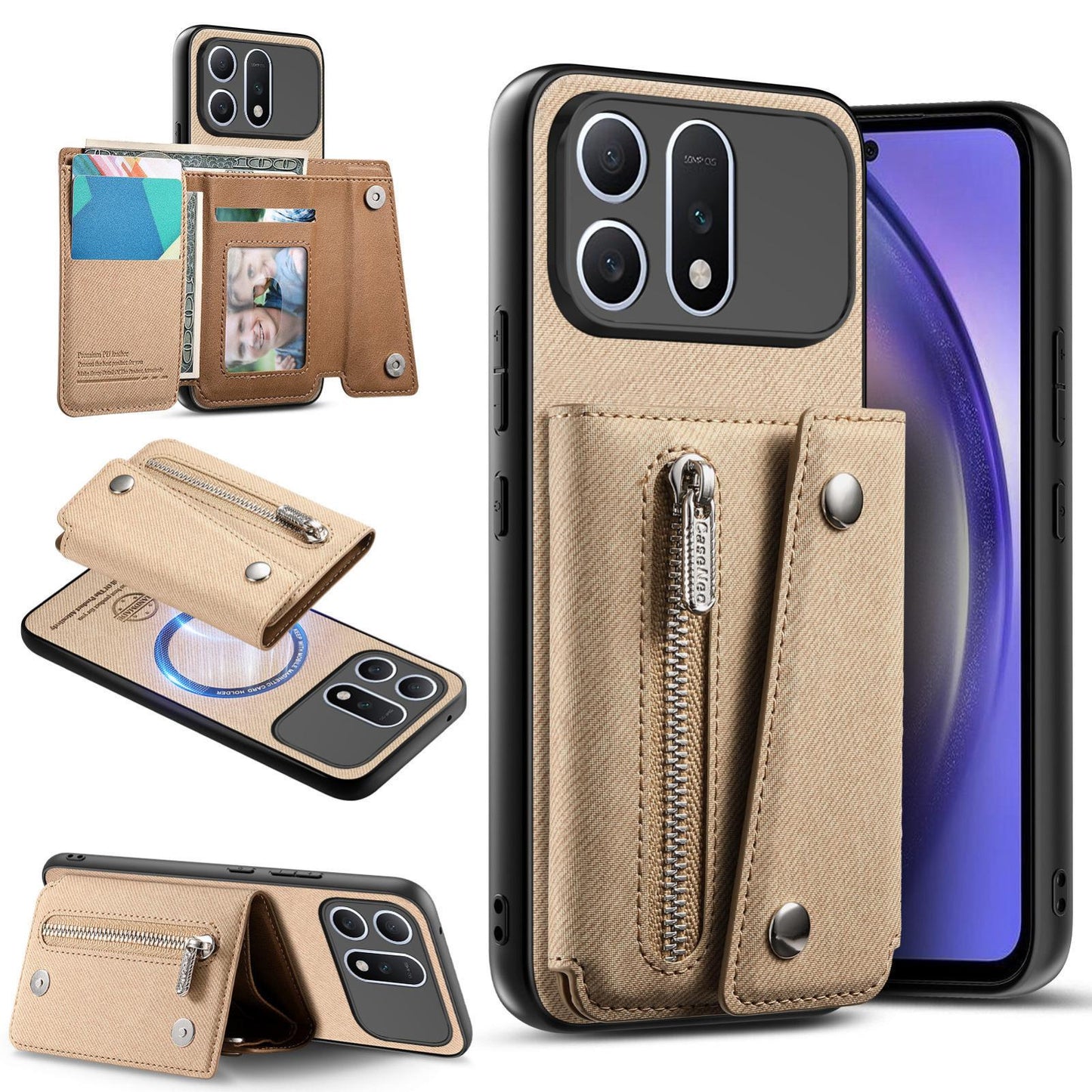 For Honor Win Turbo 5G Twill Fabric D Buckle Wallet Magnetic Card Bag Back Phone Case(Khaki)