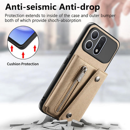 For Honor Win Turbo 5G Twill Fabric D Buckle Wallet Magnetic Card Bag Back Phone Case(Khaki)