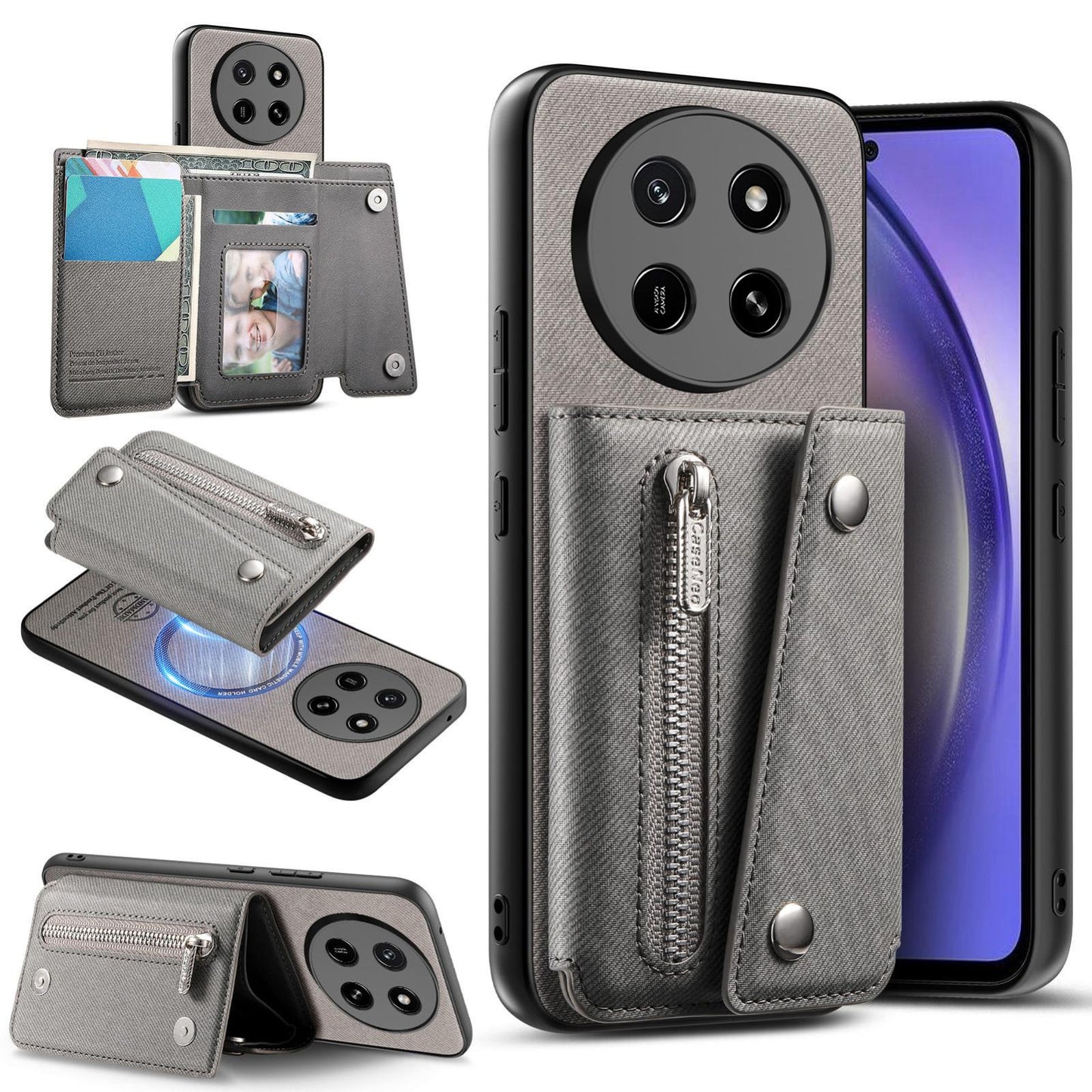 For Honor X80 Pro Max 5G Twill Fabric D Buckle Wallet Magnetic Card Bag Back Phone Case(Gray)