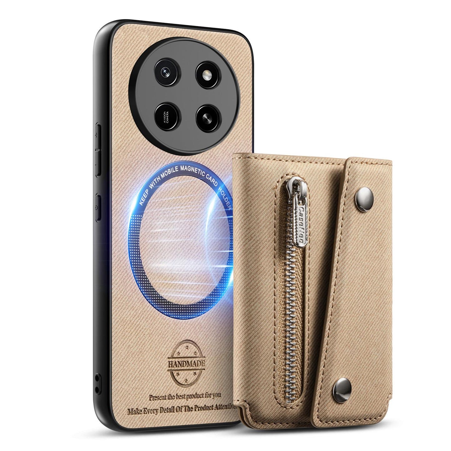For Honor X80 Pro Max 5G Twill Fabric D Buckle Wallet Magnetic Card Bag Back Phone Case(Khaki)