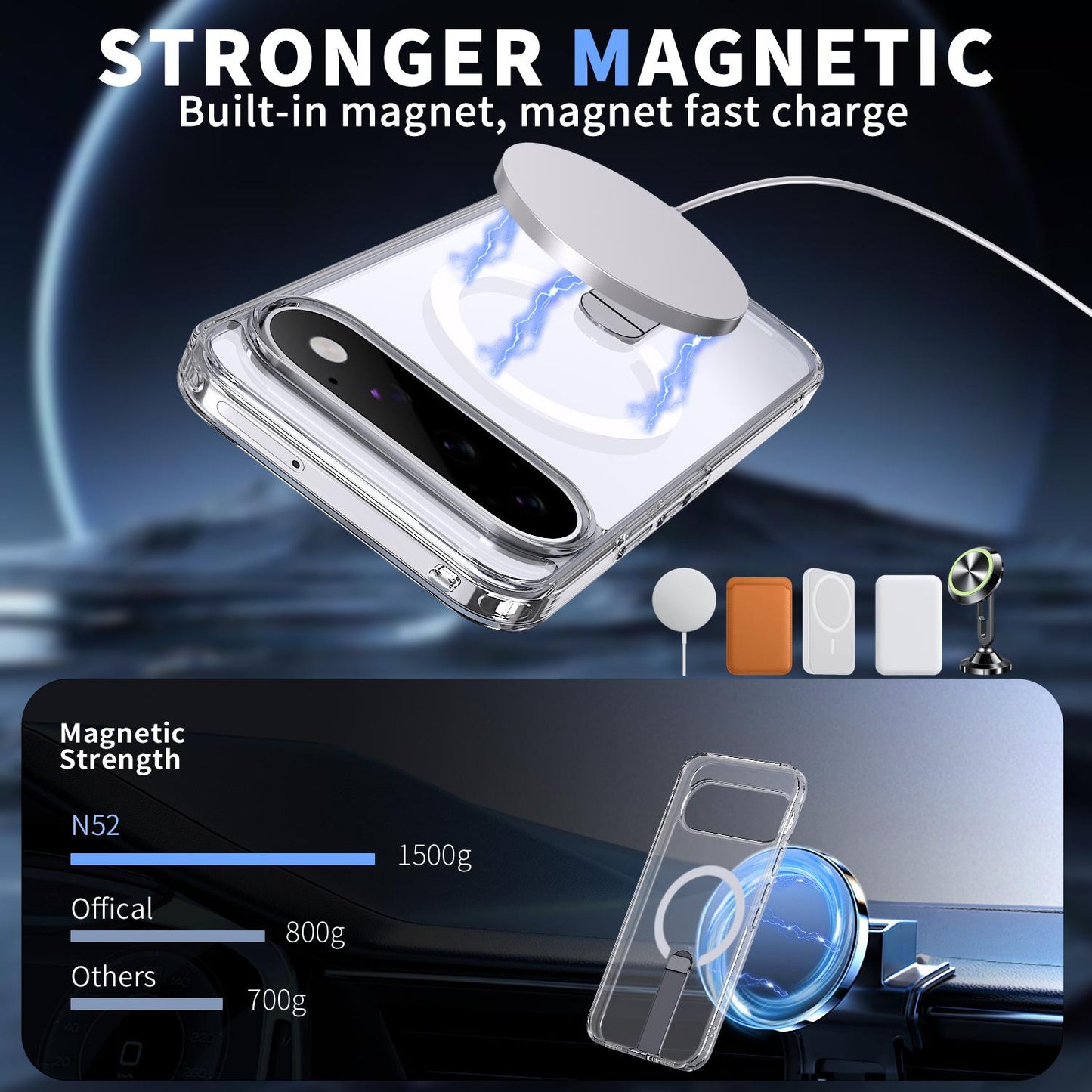 For Google Pixel 11 Pro Kalebol Star Shine Skin Feel MagSafe Phone Case with Straight Fold Holder(Transparent)