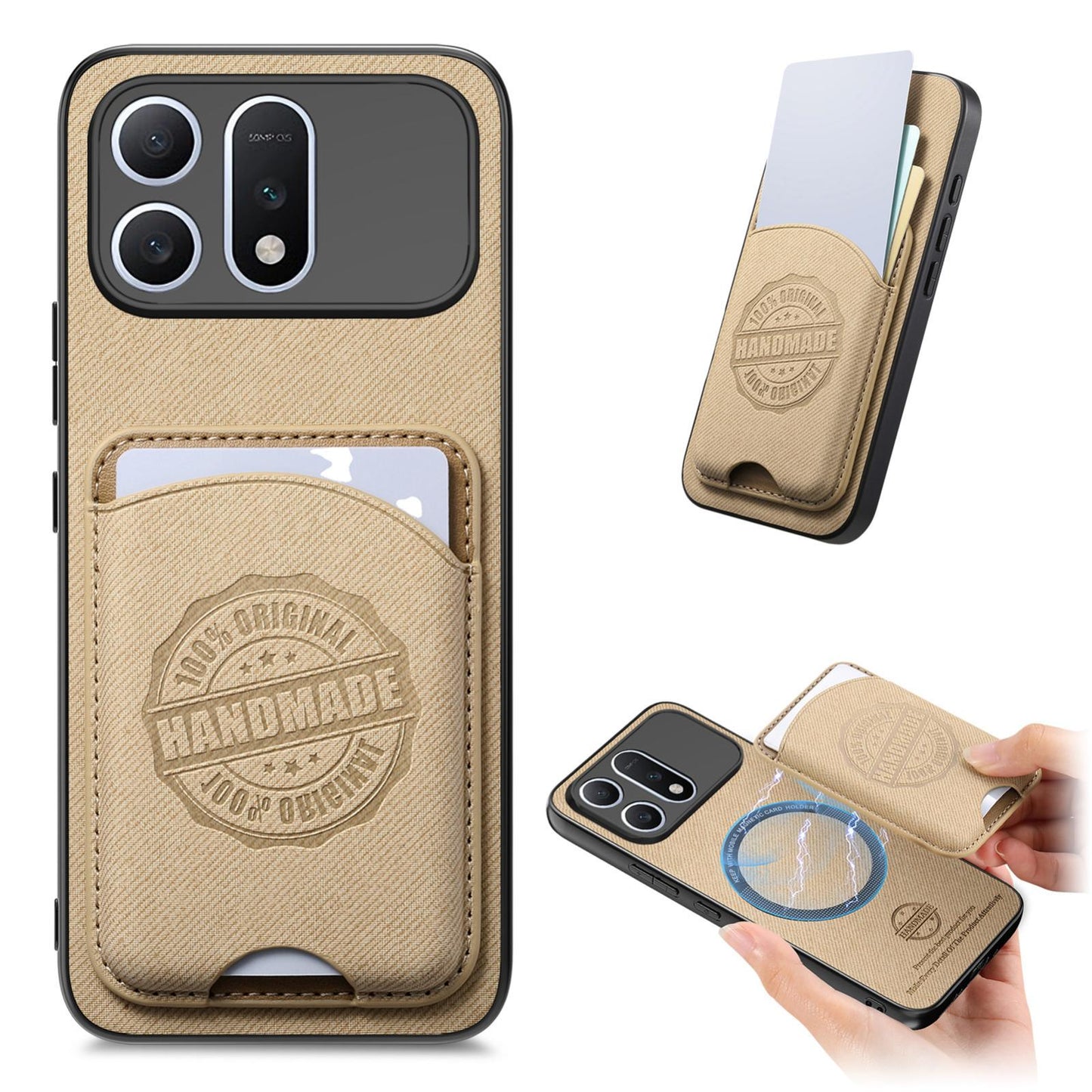 For Honor Win Turbo 5G Twill Fabric Leather-Skin Magnetic Card Bag Phone Case(Khaki)