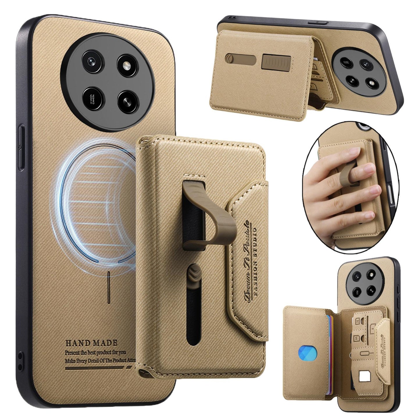 For Honor X80 Pro Max 5G Twill Fabric Travel Storage Magnetic Card Bag Back Phone Case(Khaki)