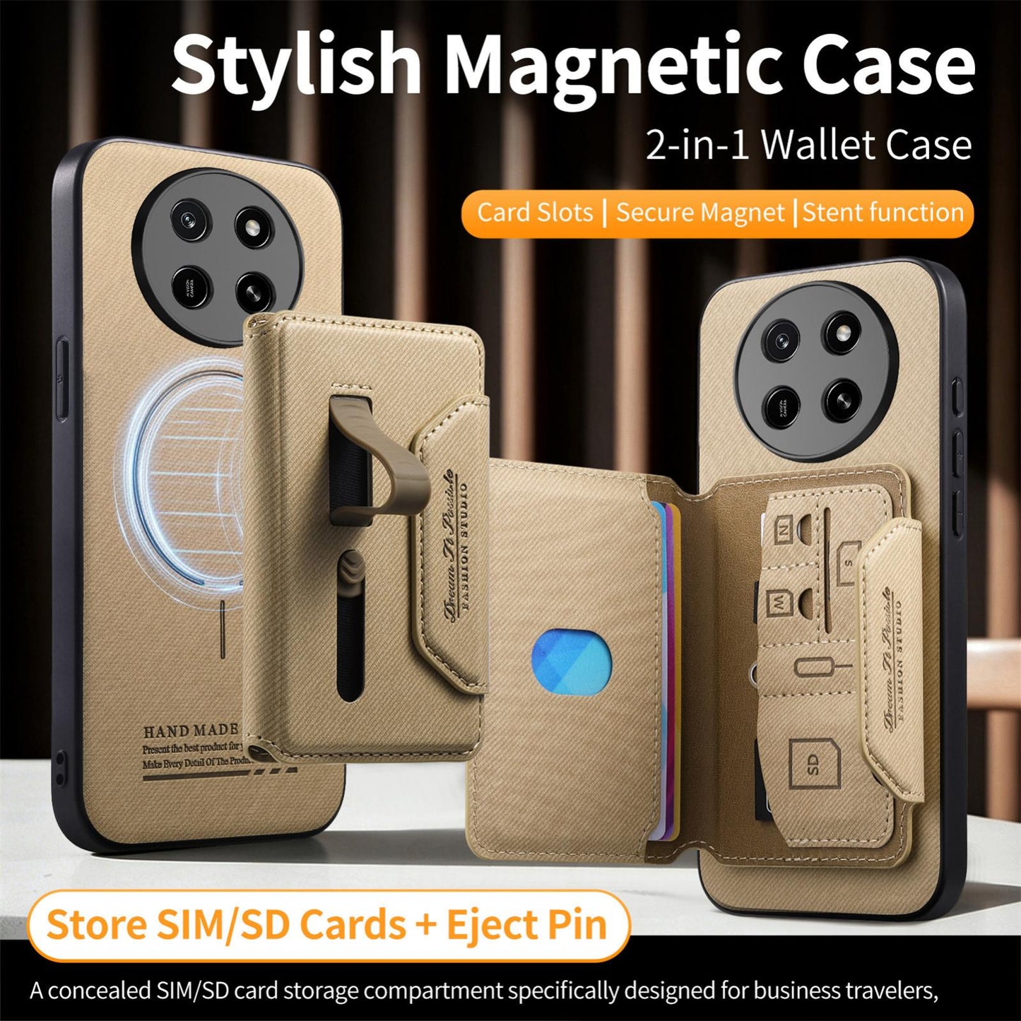 For Honor X80 Pro Max 5G Twill Fabric Travel Storage Magnetic Card Bag Back Phone Case(Khaki)