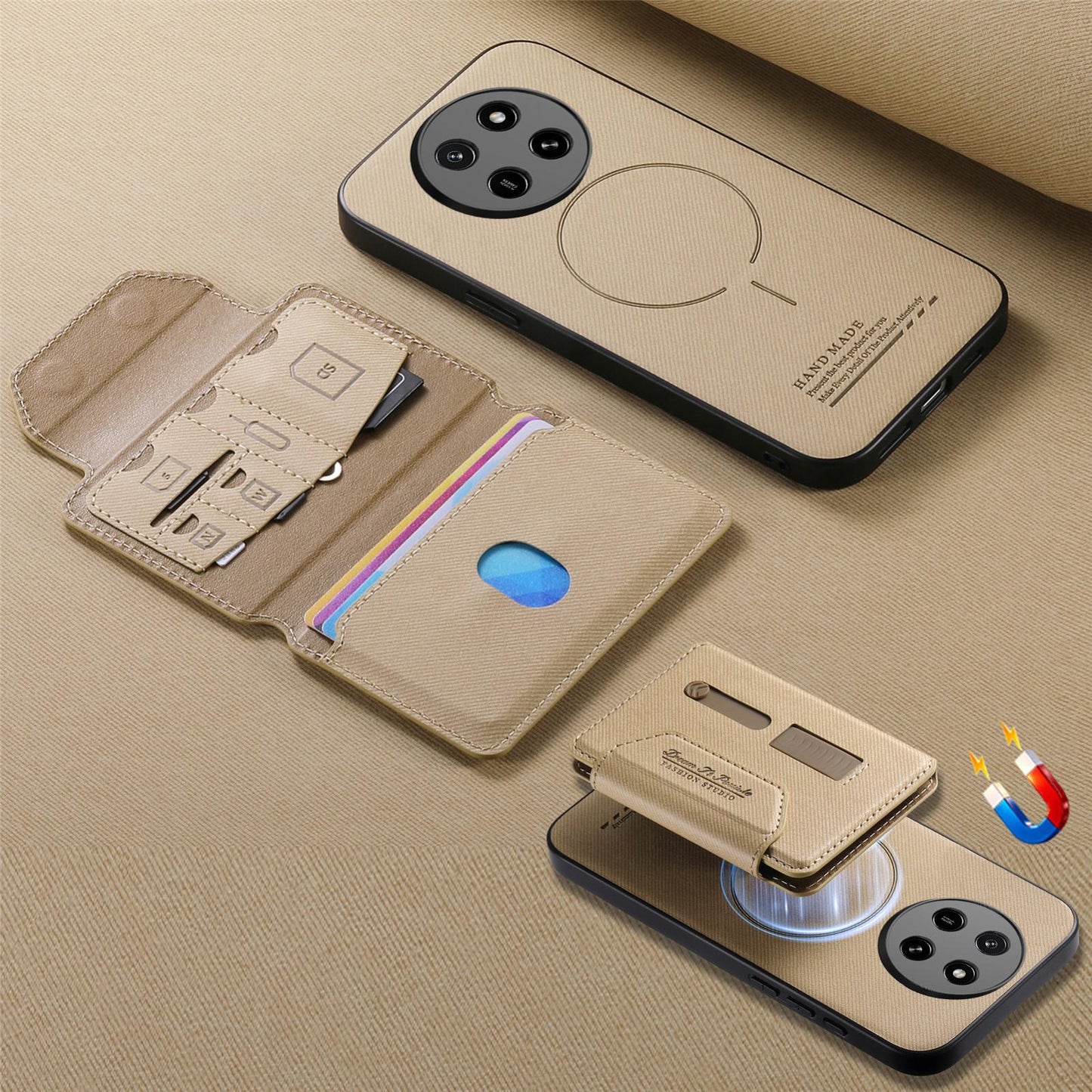 For Honor X80 Pro Max 5G Twill Fabric Travel Storage Magnetic Card Bag Back Phone Case(Khaki)