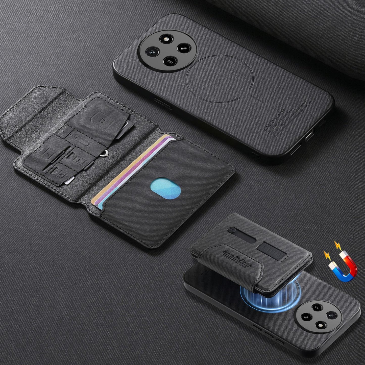 For Honor X80 Pro Max 5G Twill Fabric Travel Storage Magnetic Card Bag Back Phone Case(Black)