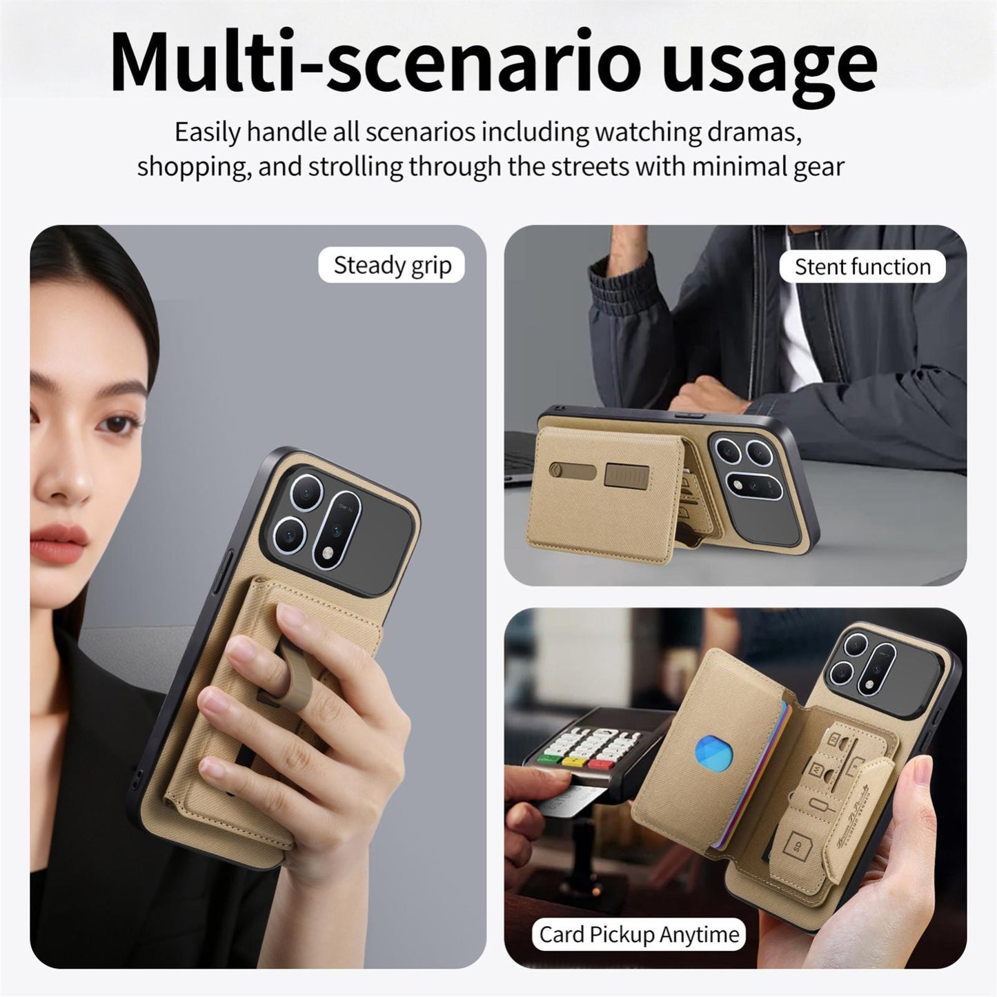 For Honor Win Turbo 5G Twill Fabric Travel Storage Magnetic Card Bag Back Phone Case(Khaki)
