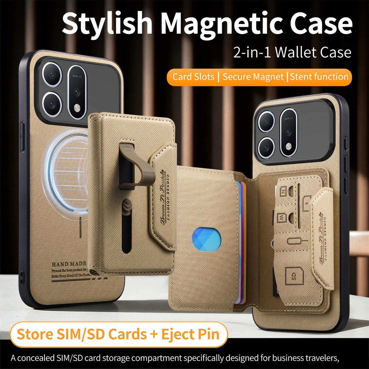 For Honor Win Turbo 5G Twill Fabric Travel Storage Magnetic Card Bag Back Phone Case(Khaki)