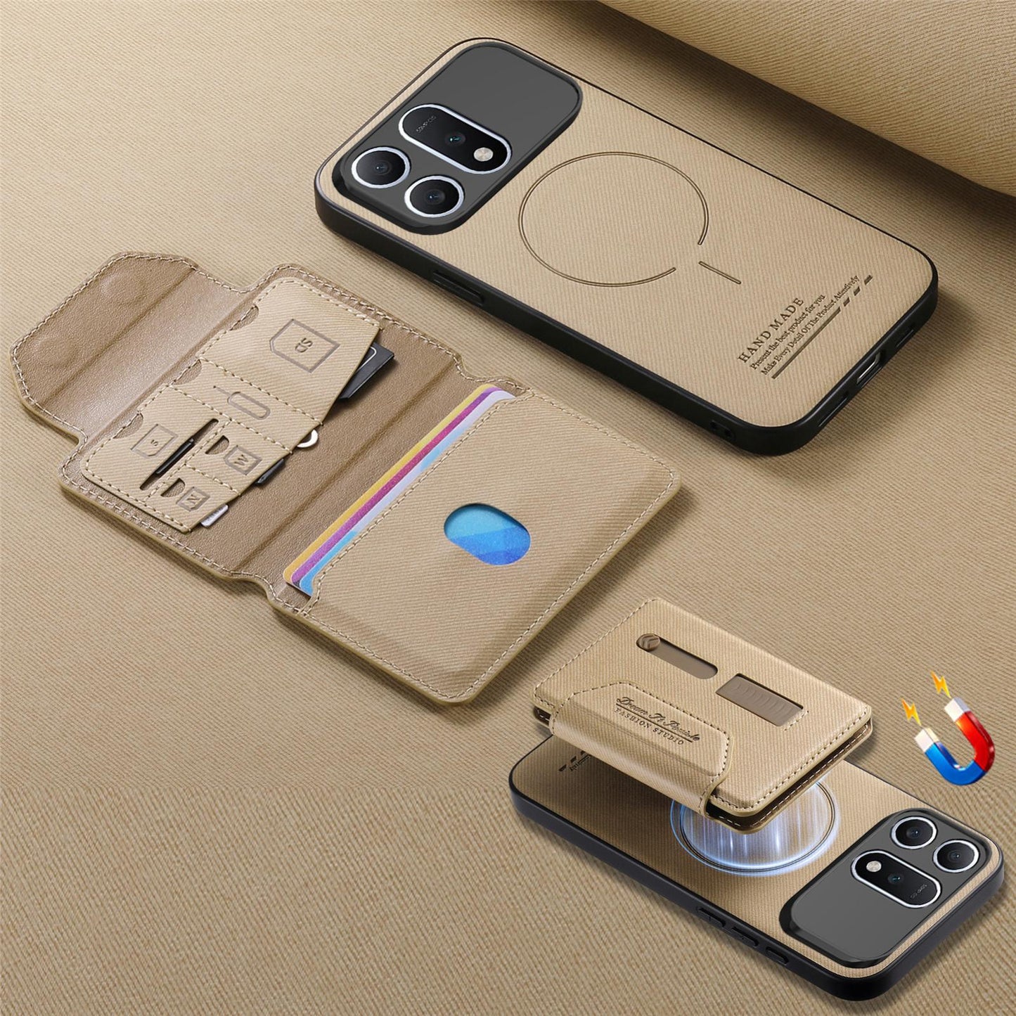 For Honor Win Turbo 5G Twill Fabric Travel Storage Magnetic Card Bag Back Phone Case(Khaki)