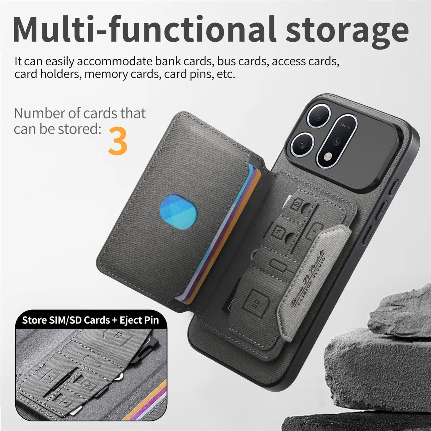 For Honor Win Turbo 5G Twill Fabric Travel Storage Magnetic Card Bag Back Phone Case(Gray)